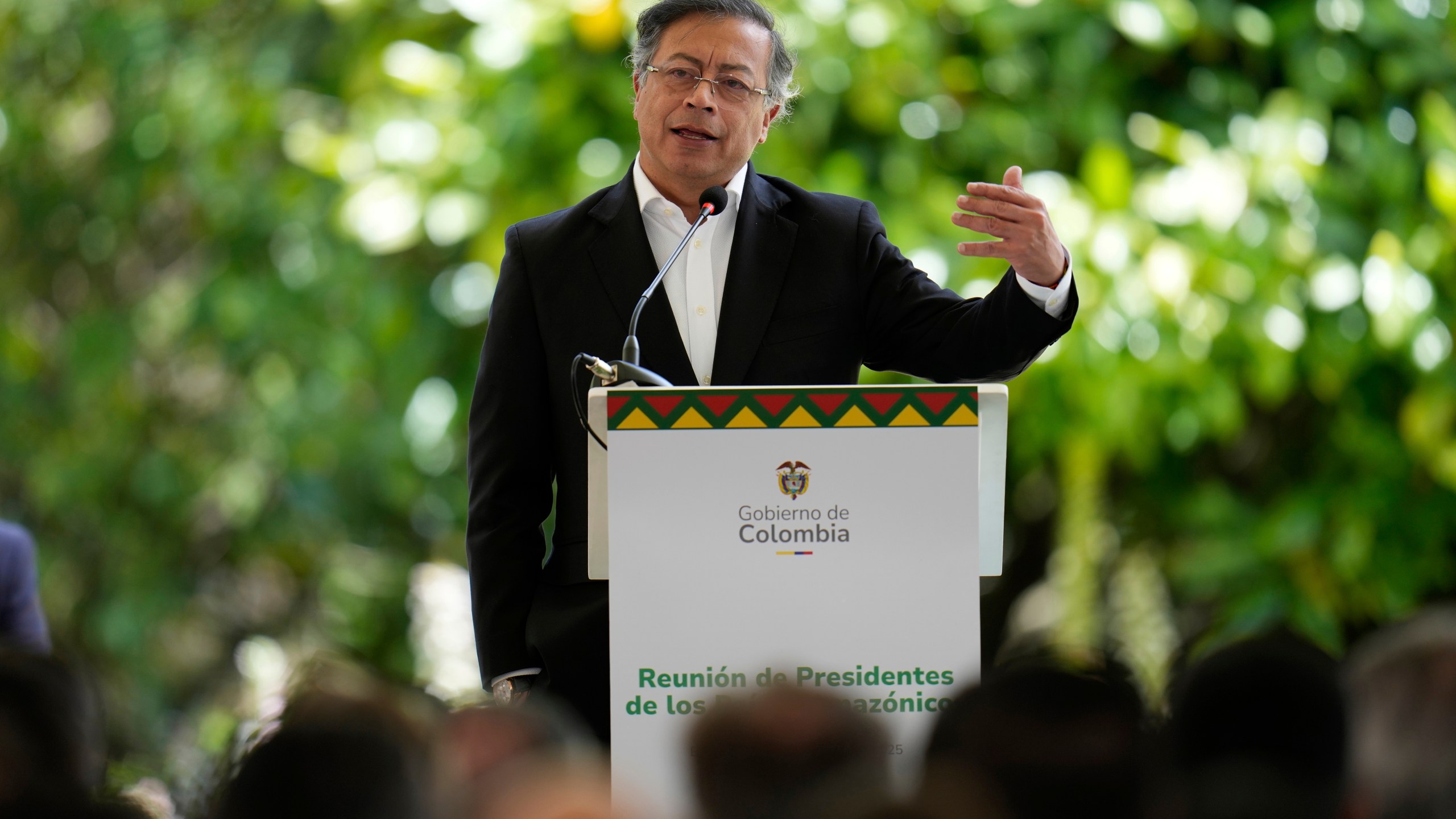 FILE - Colombia's President Gustavo Petro speaks during a meeting of leaders of the Amazon Cooperation Treaty Organization in Bogota, Colombia, Aug. 22, 2025. (AP Photo/Fernando Vergara, File)