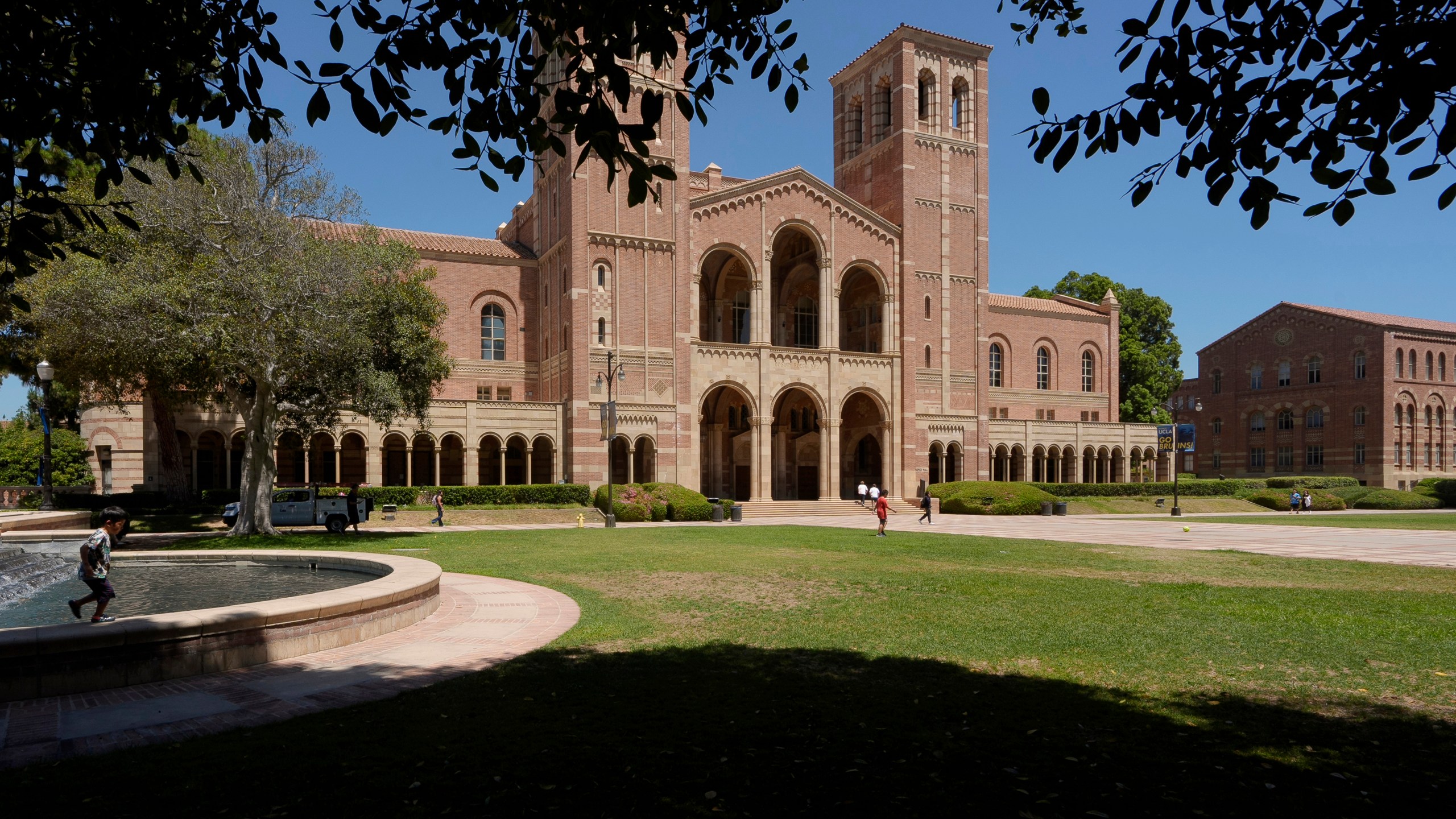 Children play outside Royce Hall at the University of California