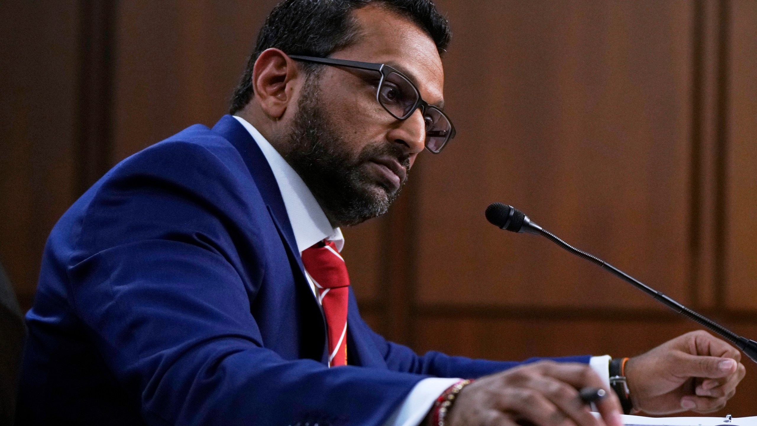 FBI Director Kash Patel appears before the Senate Judiciary Committee for his first oversight hearing, Tuesday, Sept. 16, 2025, at the Capitol in Washington. (AP Photo/Julia Demaree Nikhinson)