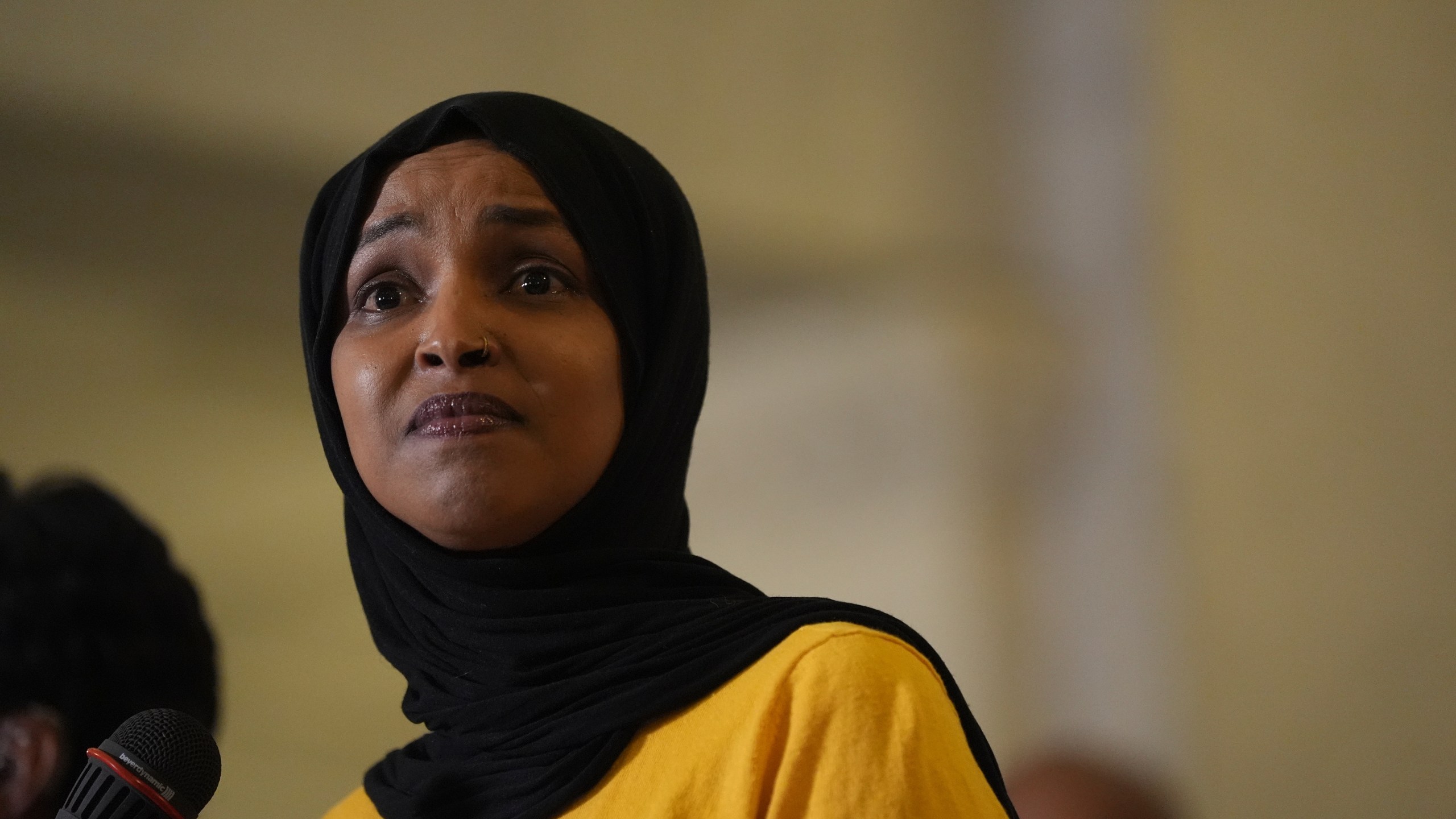 Rep. Ilhan Omar, D-Minn., speaks during a news conference in Minneapolis City Hall, Thursday, Aug. 28, 2025, in Minneapolis. (AP Photo/Abbie Parr)