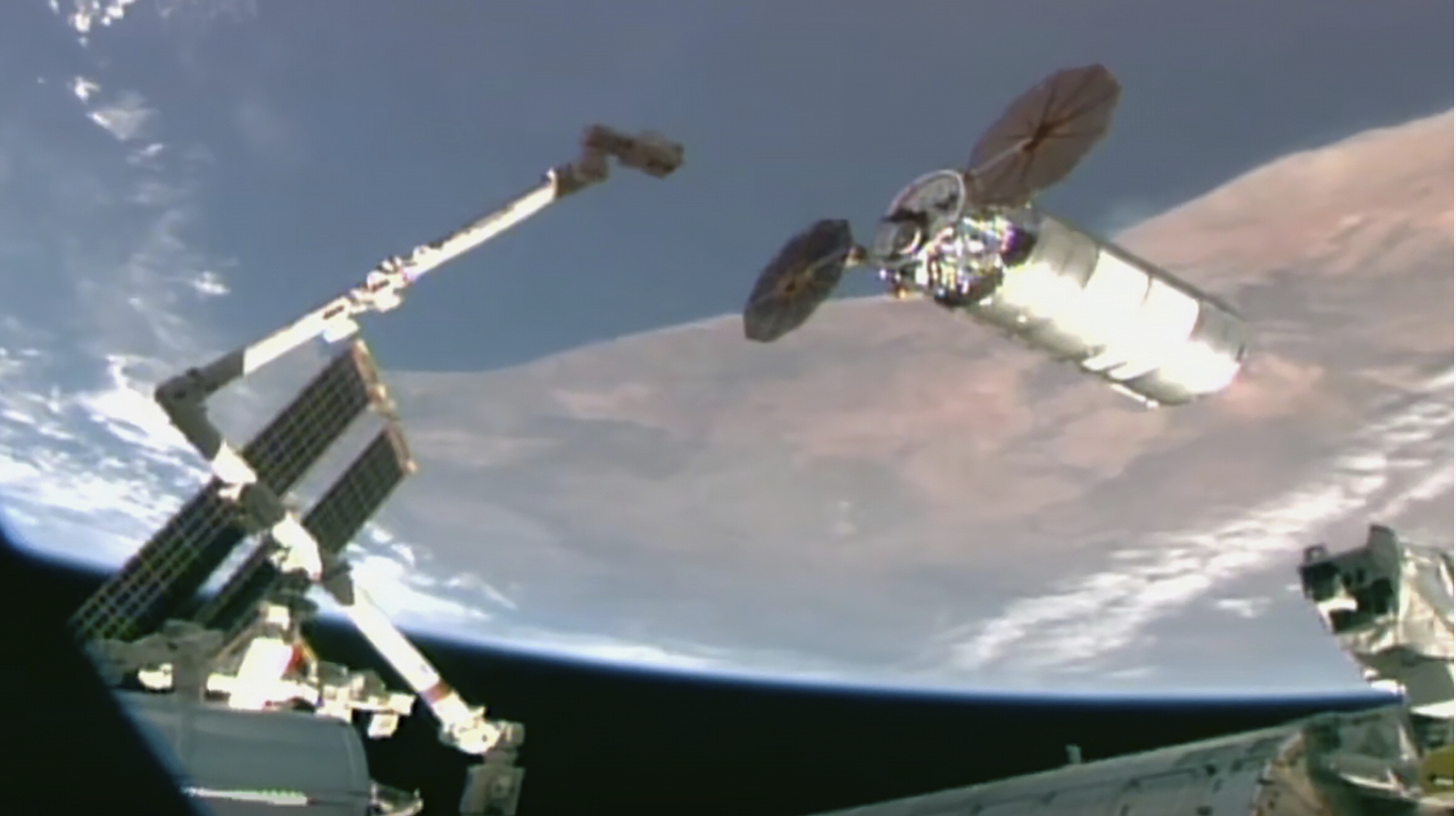 This image provided by NASA shows Northrop Grumman's newly arrived cargo capsule at the International Space Station on Thursday, Sept. 18, 2025. (NASA via AP)