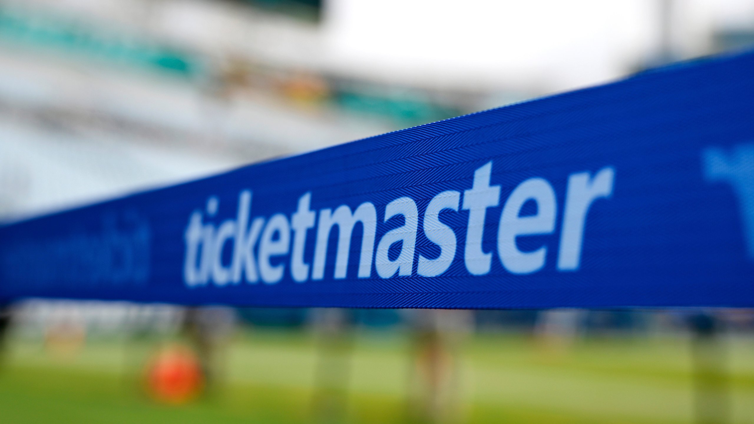 FILE - An advertisement for Ticketmaster is viewed along an area reserved for special guests on the sideline of the field before an NFL football game, Sunday, Sept. 15, 2024, in Jacksonville, Fla. (AP Photo/Phelan M. Ebenhack, file)