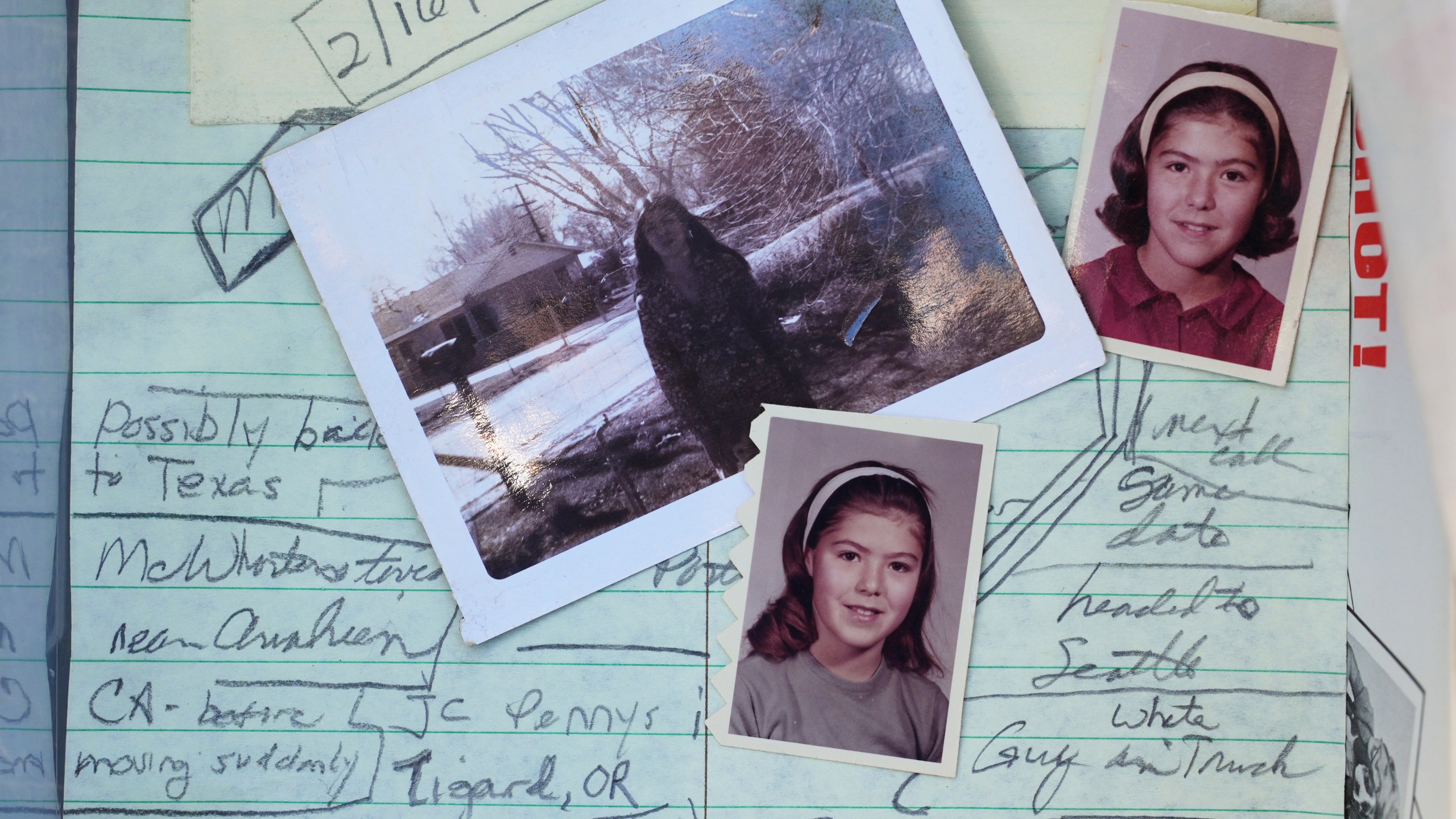 Family photos of Marion Vinetta Nagle McWhorter, who disappeared in 1974 in Oregon and whose remains were recently confirmed by DNA from her sister Valerie Nagle, are seen over notes taken by Nagle about McWhorter's disappearance Thursday, Sept. 18, 2025, in Seattle. (AP Photo/Lindsey Wasson)