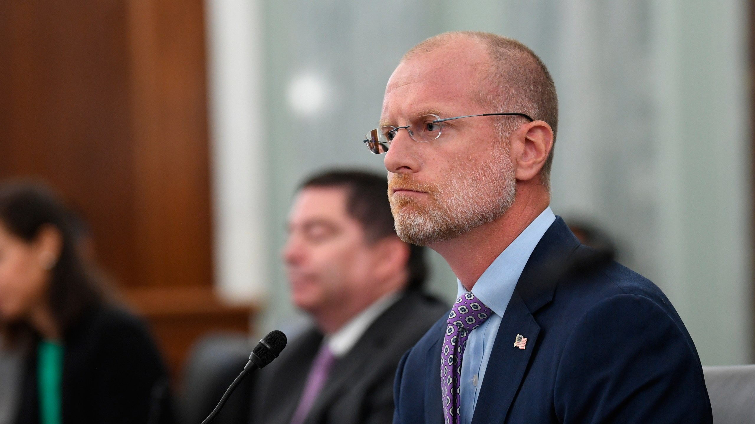 FILE - Brendan Carr listens during a Senate Commerce, Science, and Transportation committee hearing to examine the Federal Communications Commission on Capitol Hill in Washington, June 24, 2020. (Jonathan Newton/The Washington Post via AP, File)