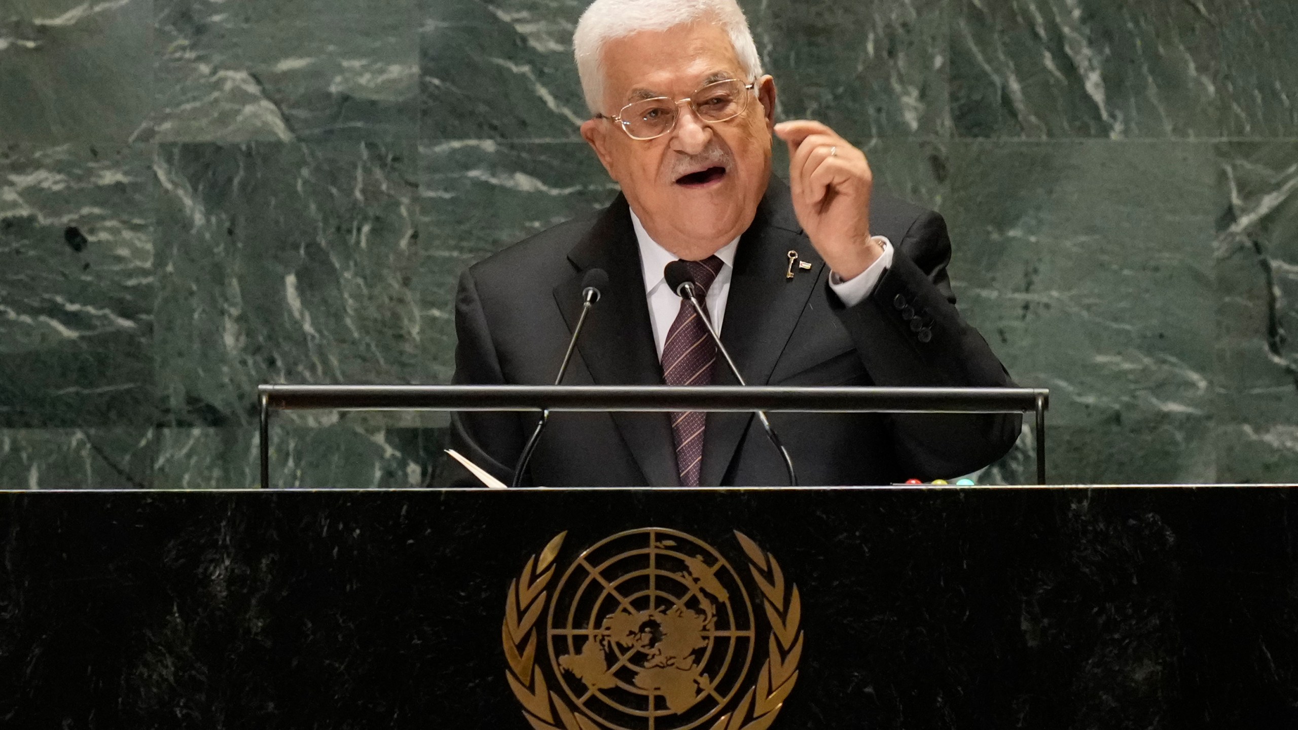 FILE - Palestinian President Mahmoud Abbas addresses the 79th session of the United Nations General Assembly, Sept. 26, 2024, at U.N. headquarters. (AP Photo/Frank Franklin II, File)