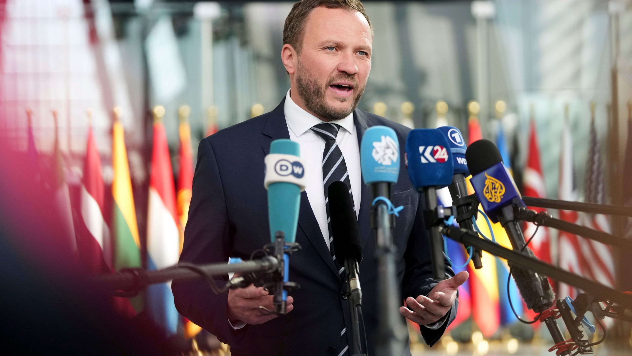 FILE - Estonia's Foreign Minister Margus Tsahkna speaks with the media as he arrives for a meeting of NATO foreign ministers at NATO headquarters in Brussels, April 3, 2025. (AP Photo/Virginia Mayo, File)