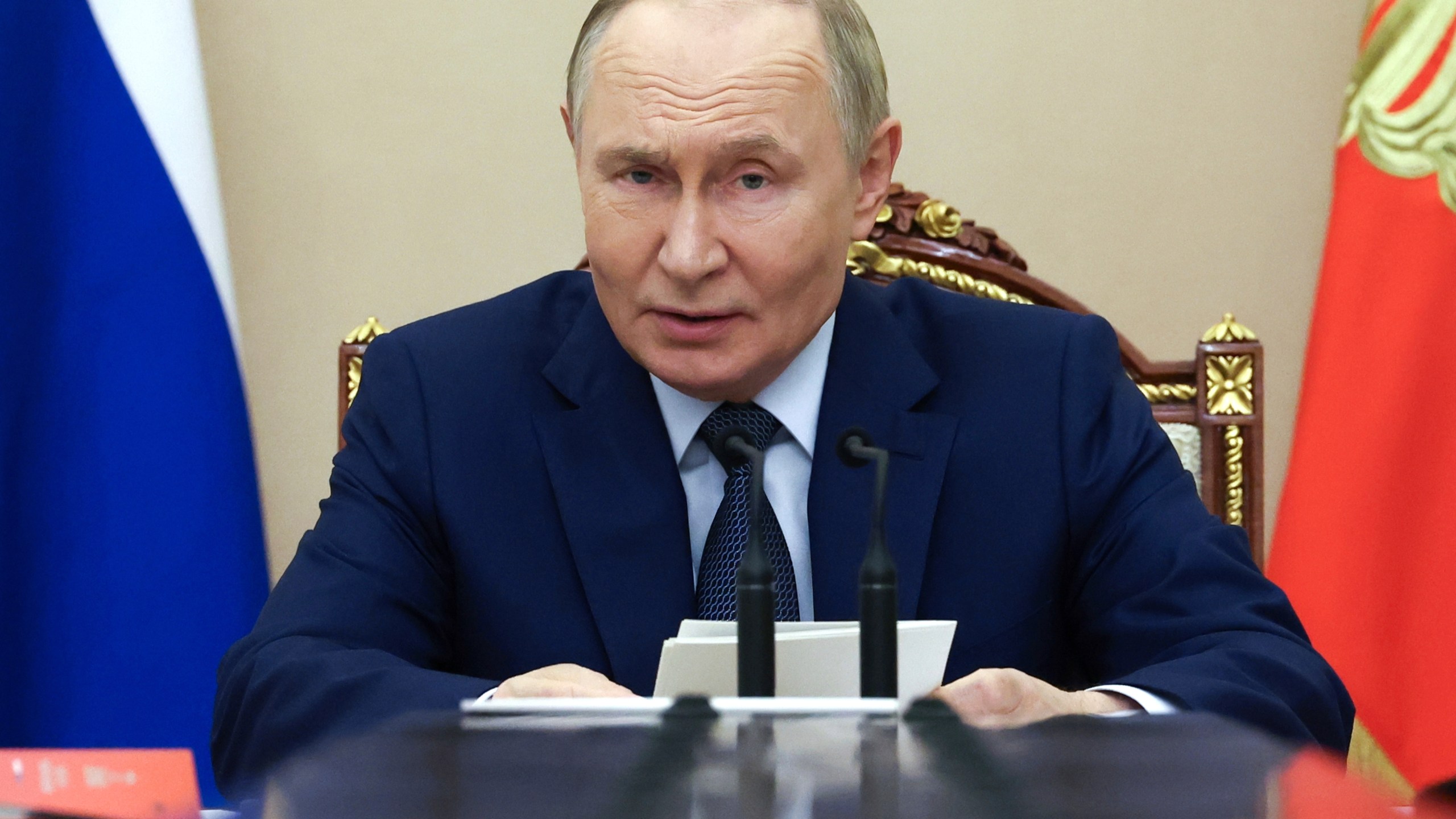 Russian President Vladimir Putin chairs a Security Council meeting at the Kremlin in Moscow, Russia, Monday, Sept. 22, 2025. (Alexander Kazakov, Sputnik, Kremlin Pool Photo via AP)