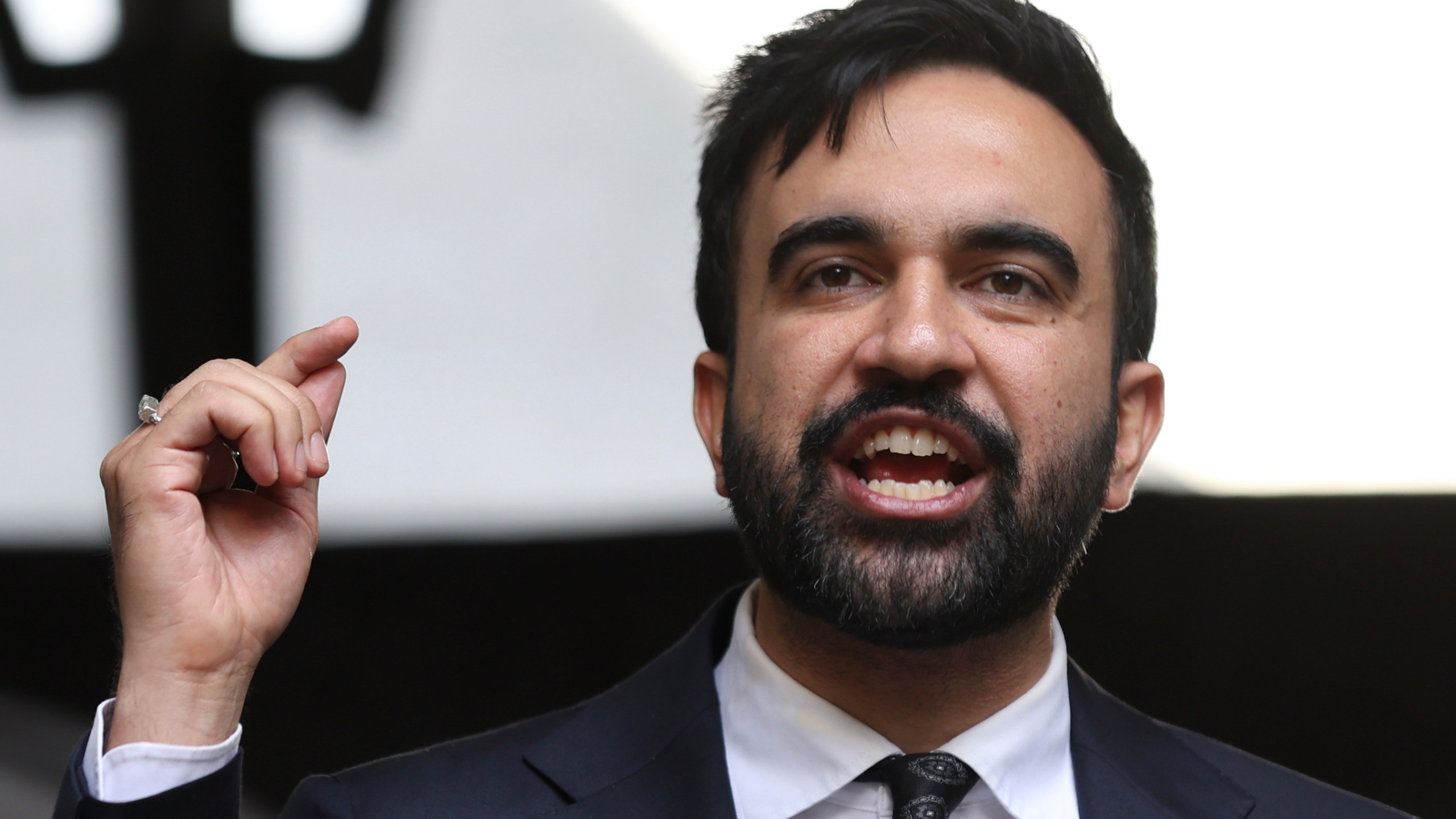 New York City Democratic mayoral candidate Zohran Mamdani speaks on stage for the March on Wall Street, Thursday, Aug. 28, 2025, in New York. (AP Photo/Heather Khalifa)
