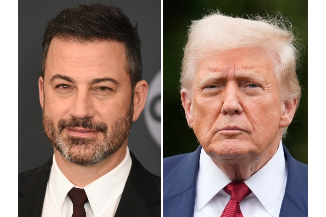 Jimmy Kimmel appears at the Walt Disney Television upfront in New York on May 14, 2019, left, and President Donald Trump appears on the South Lawn of the White House on Aug. 1, 2025, in Washington. (AP Photo)