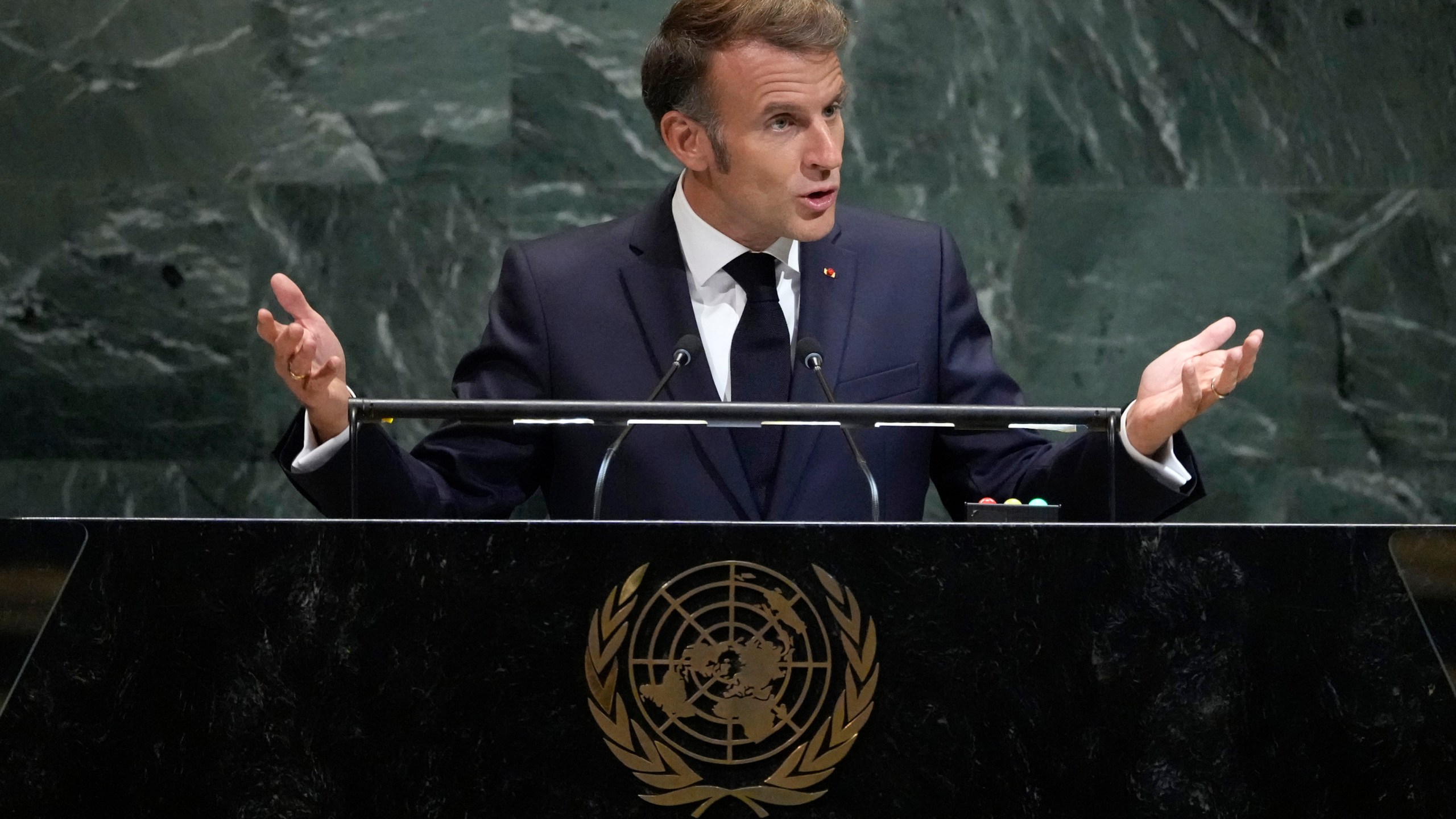 President of France Emmanuel Macron addresses the 80th session of the United Nations General Assembly, Tuesday, Sept. 23, 2025, at U.N. headquarters. (AP Photo/Pamela Smith)