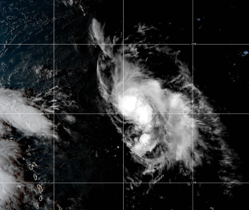 This satellite image provided by NOAA taken Wednesday, Sept. 24, 2025, at 4:10 p.m. EDT, shows Tropical Storm Humberto in the Atlantic Ocean, off the southeast coast of the United States. (NOAA via AP)