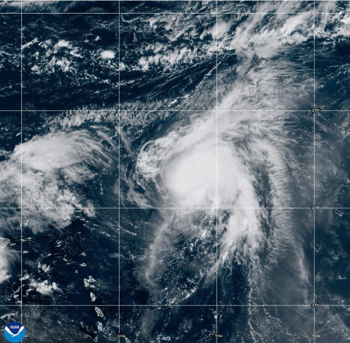 This NOAA satellite image taken at 11:36 a.m. EST on Thursday, Sept. 25, 2025, shows Tropical Storm Humberto in the North Atlantic Ocean. (NOAA via AP)