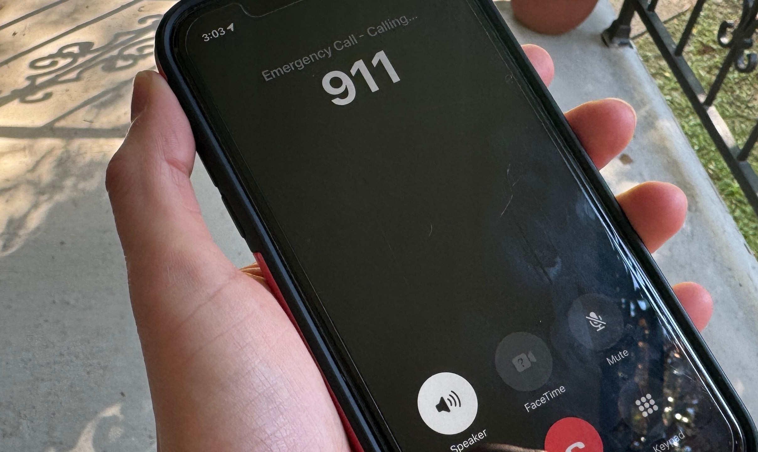 This photo taken Sept. 25, 2025, in Jackson, Miss. shows a blank screen on a phone while making a 911 call which resulted in a dial tone, during a 911 systems outage across Mississippi and Louisiana. (AP Photo/Sophie Bates)