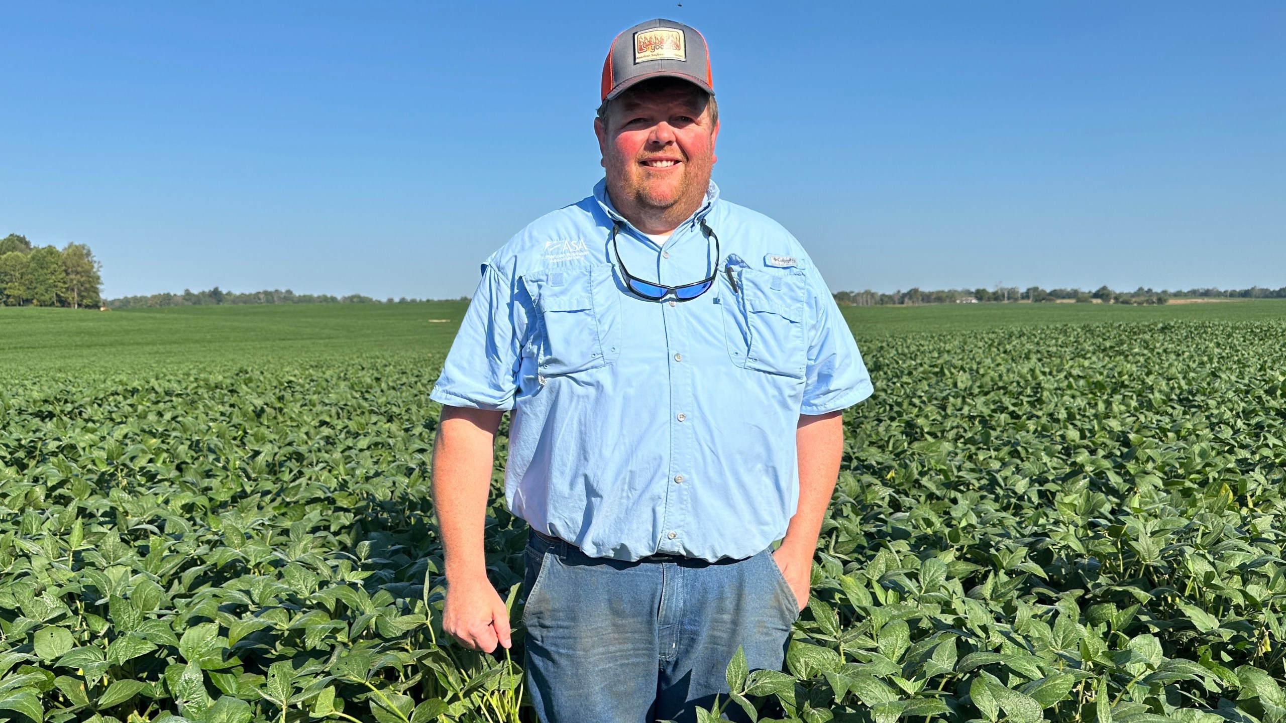 Kentucky Farmer Caleb Ragland stands in one of his soybean fields in Magnolia, Ky., Sept. 12, 2025. (AP Photo/Dylan Lovan)