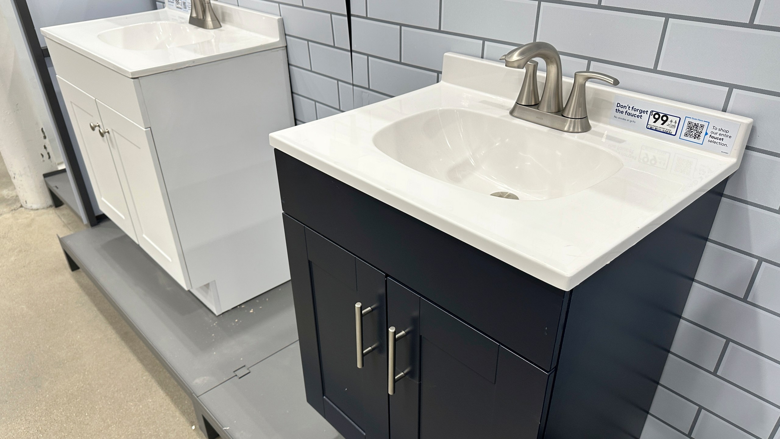 Bathroom vanities sit on display at a hardware store Friday, Sept. 26, 2025, in Nashville, Tenn. (AP Photo/George Walker IV)
