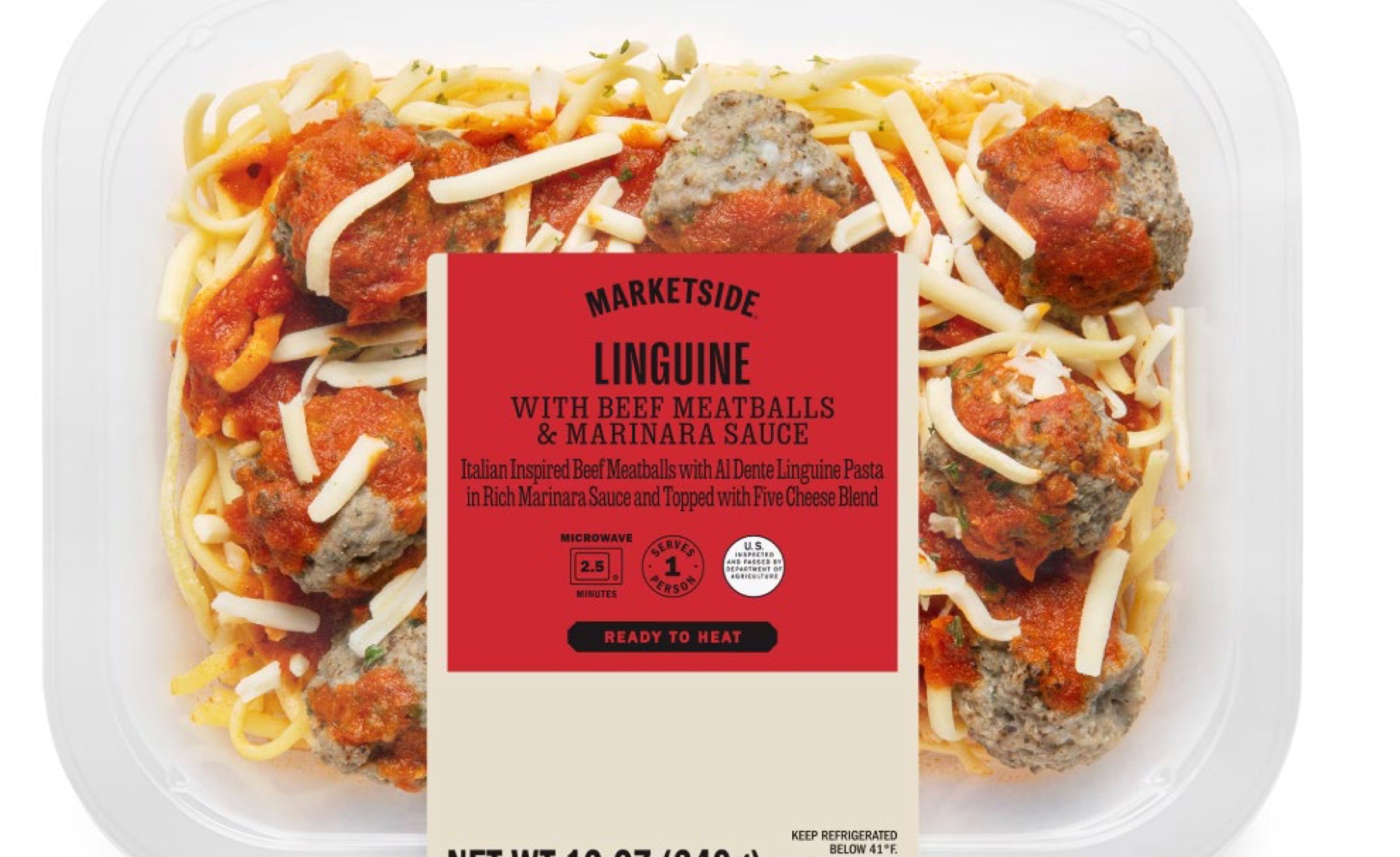 This image provided by U.S. Agriculture Department shows Marketside Linguine with Beef Meatballs & Marinara Sauce.