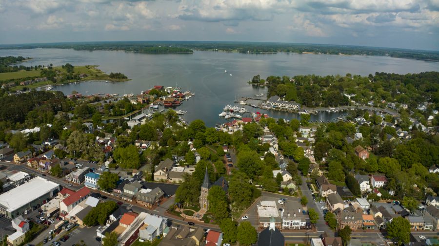Aerial view of small Chesapeake Bay fishing town, St. Michaels with houses and storefronts, Maryland