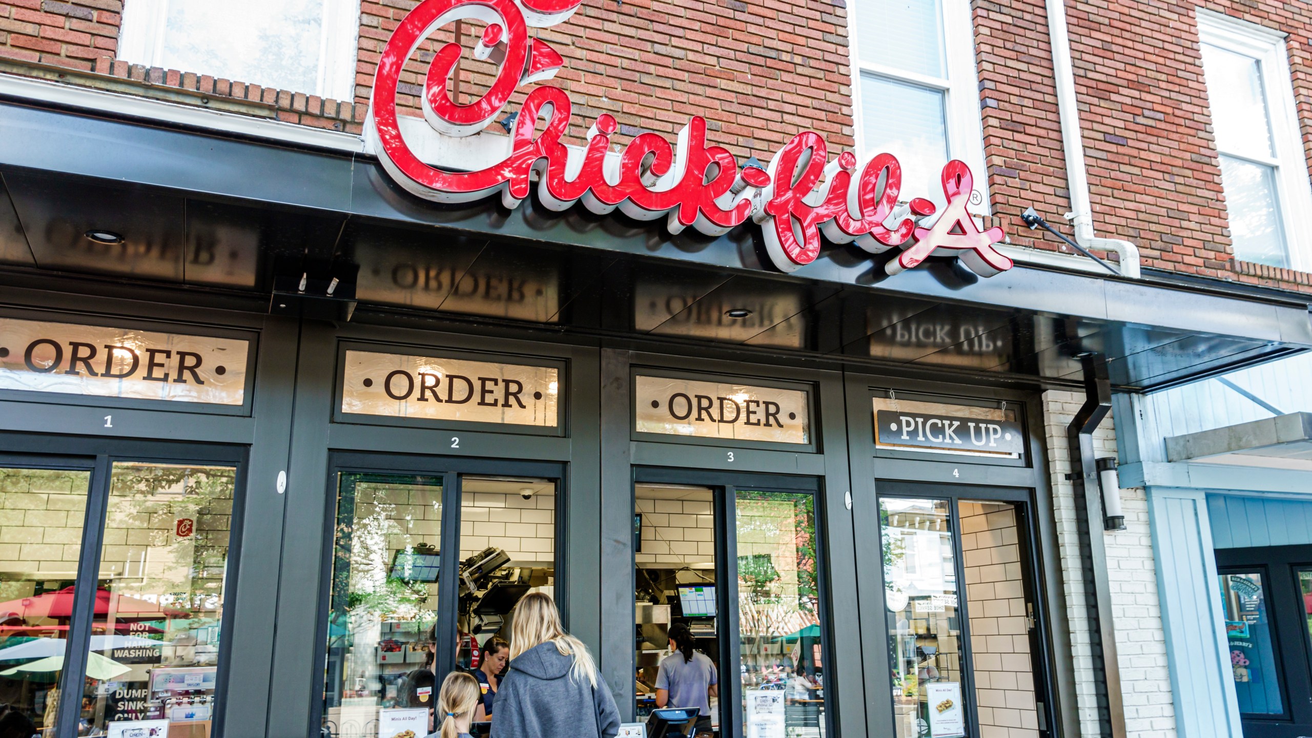 Chick-fil-A restaurant, fast food walk up window.