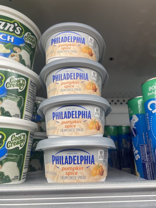 Pumpkin Spice flavored Philadelphia Cream Cheese in grocery store refrigerated aisle