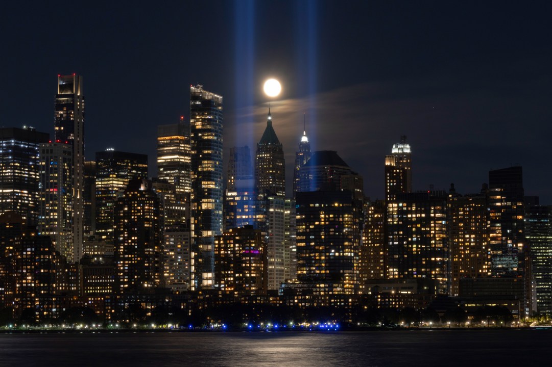 Tribute in Light tested on skyline of lower Manhattan