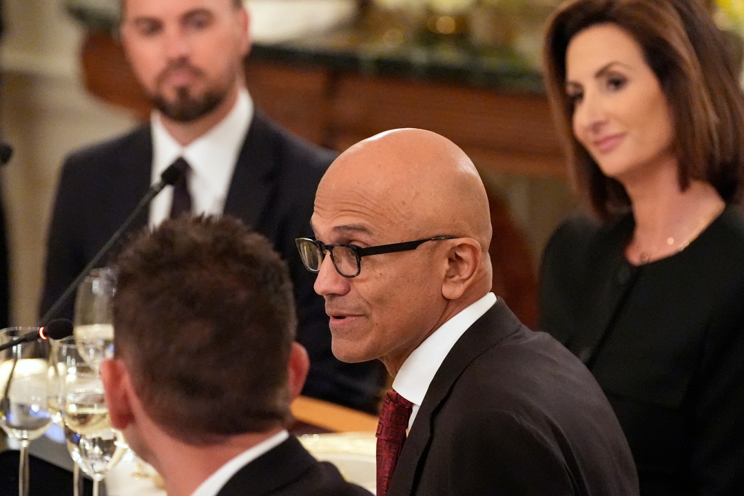 Microsoft CEO Satya Nadella speaks a dinner with President Donald Trump in the State Dinning Room of the White House, Thursday, Sept. 4, 2025, in Washington. (AP Photo/Alex Brandon)