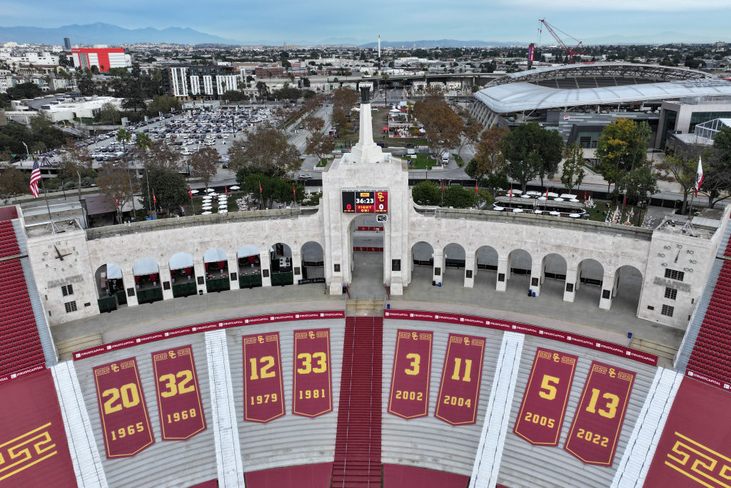 Aerial view of the football field with the Southern California