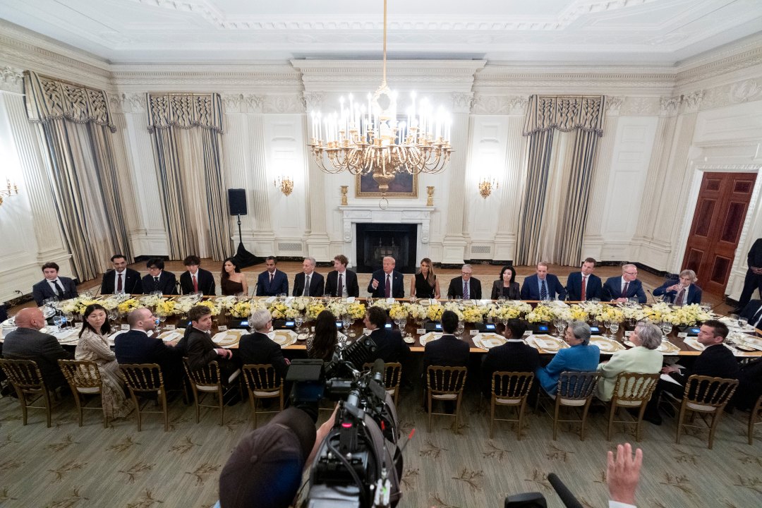 President Donald Trump points to a reporter to ask a question question during a dinner in the State Dinning Room of the White House, Thursday, Sept. 4, 2025, in Washington. (AP Photo/Alex Brandon)