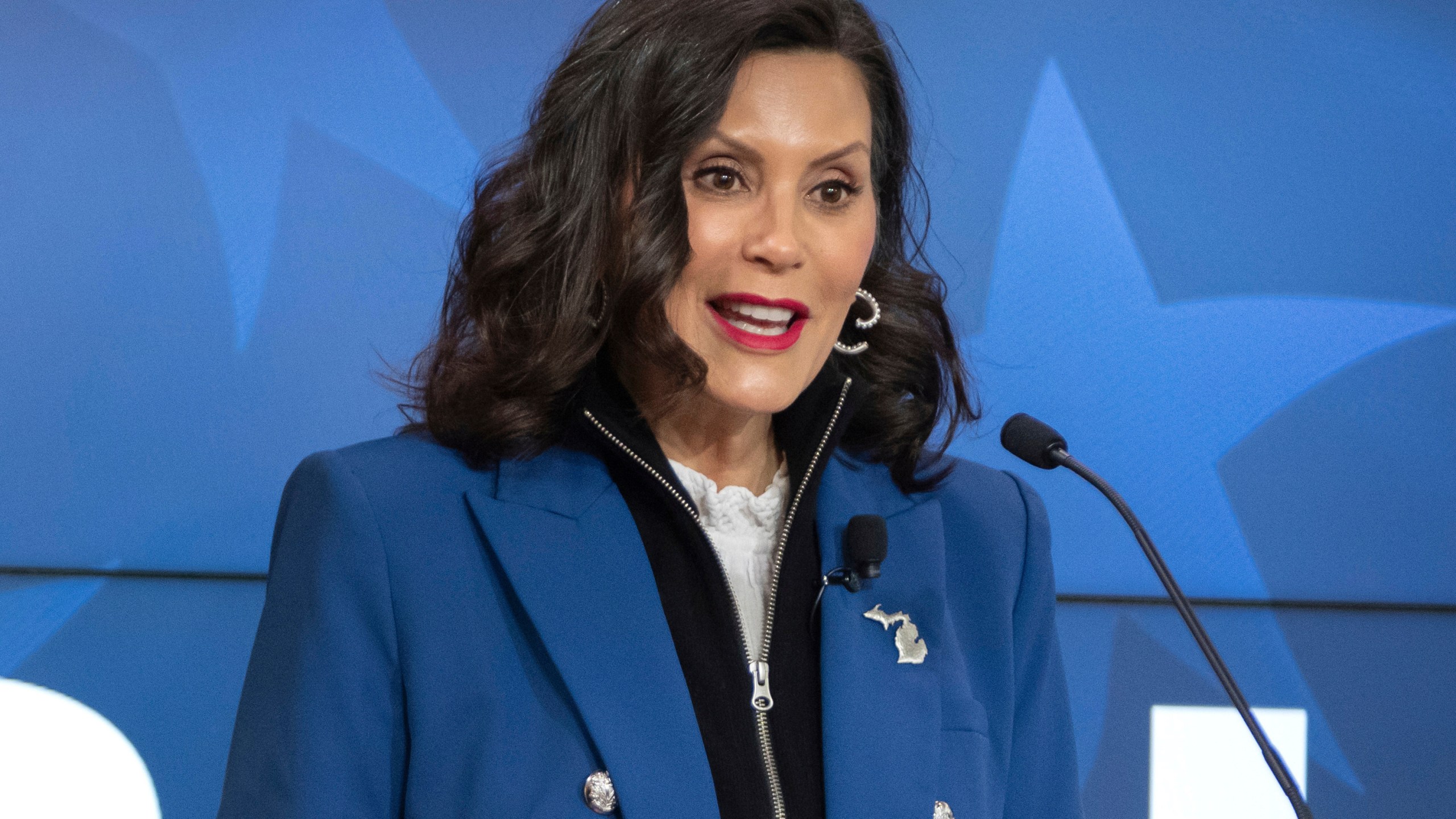 FILE - Michigan Gov. Gretchen Whitmer gives a policy speech at an event, April 9, 2025, in Washington. (AP Photo/Mark Schiefelbein, File)