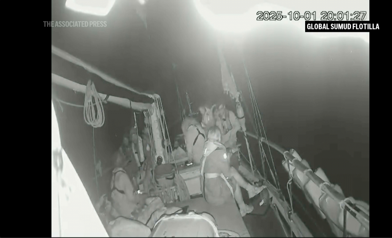 Activists on board a flotilla of vessels sailing toward Gaza say the Israeli navy has begun intercepting their vessels as they approach the besieged Palestinian territory, Wednesday, Oct. 1, 2025. (Global Sumud Flottila via AP)