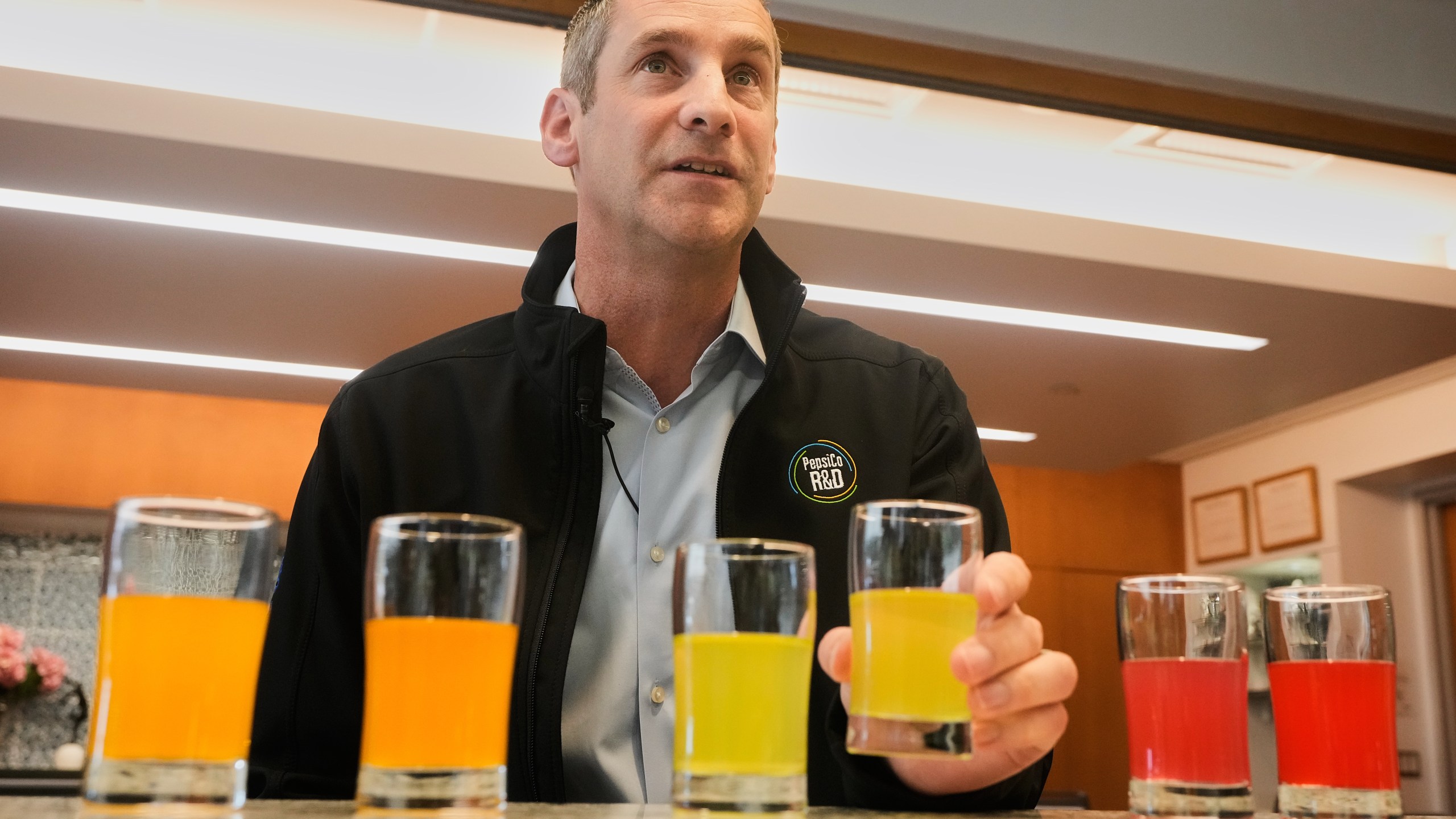 Damien Browne, vice president of research and development for PepsiCo's beverages, is interviewed at the company's R&D Campus, in Valhalla, NY, Friday, Sept. 19, 2025. (AP Photo/Richard Drew)