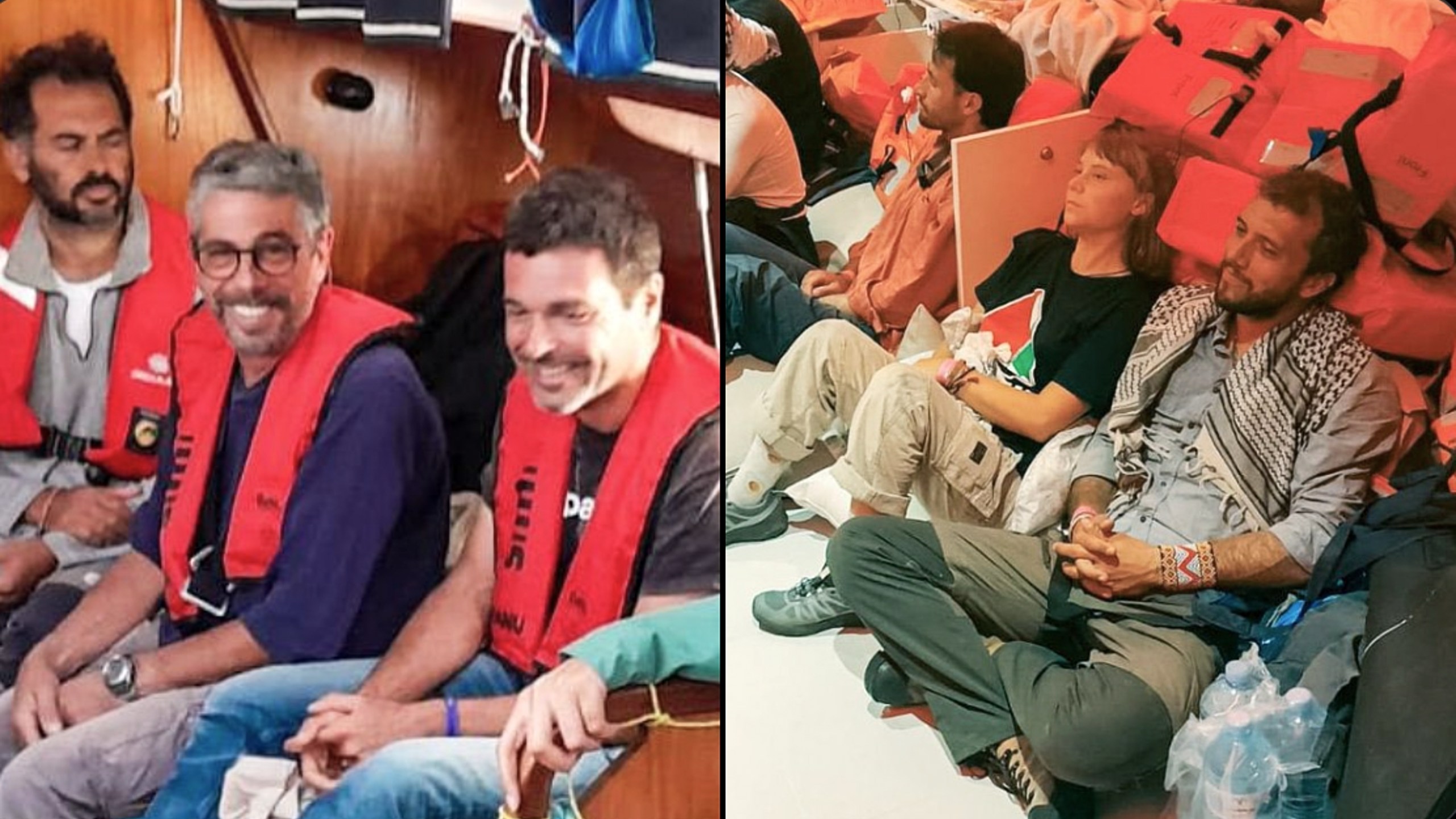 This combination of images released by the Israeli Foreign Ministry shows Greta Thunberg, second from right, with other flotilla activists after the Israeli navy intercepted the Global Sumud Flotilla carrying humanitarian aid to Gaza, Wednesday, Oct. 1, 2025. (Israeli Foreign Ministry via AP)