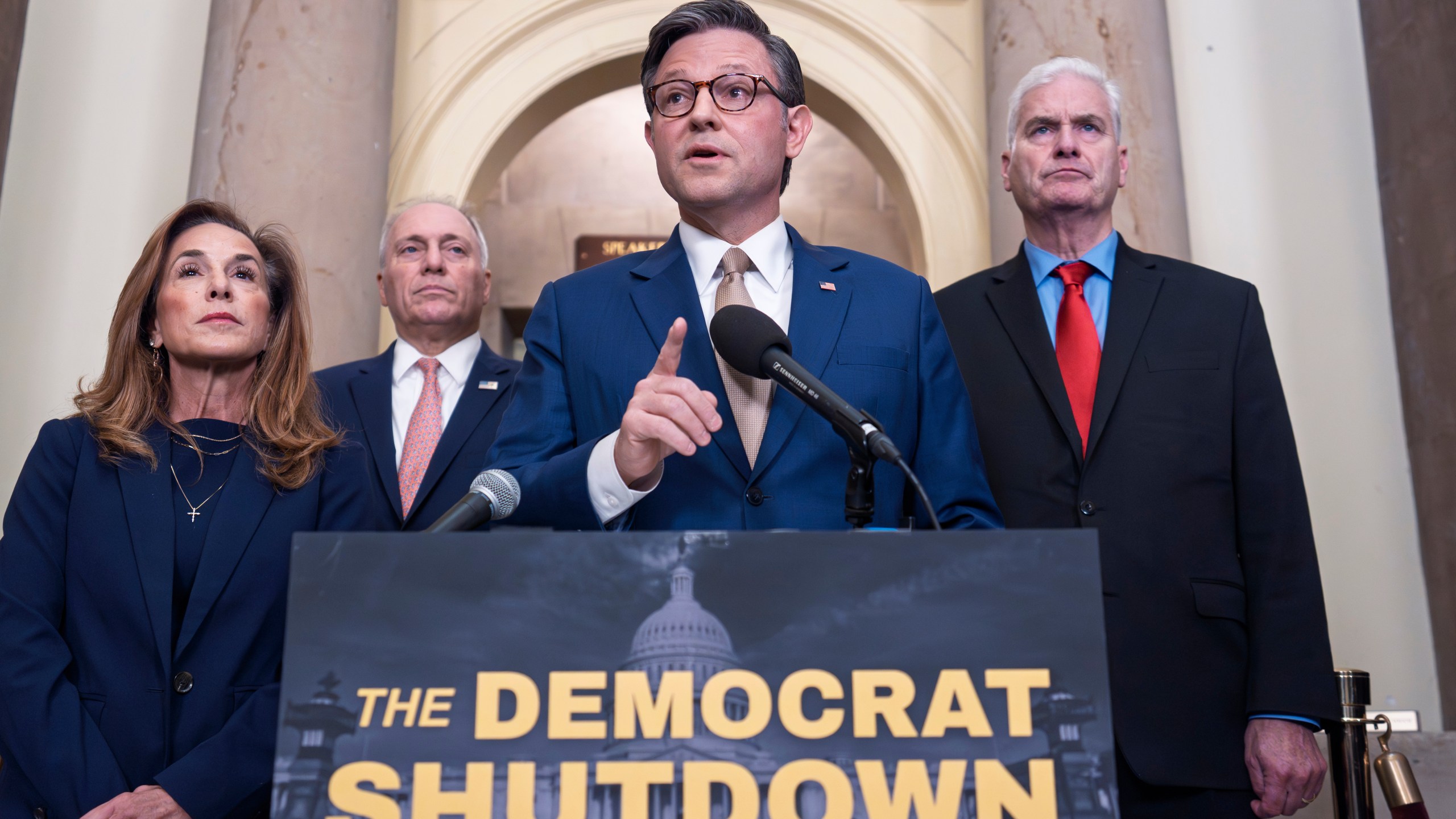 Speaker of the House Mike Johnson, R-La., and GOP leaders, from left, Rep. Lisa McClain, R-Mich., Majority Leader Steve Scalise, R-La., and Majority Whip Tom Emmer, R-Minn., blame the government shutdown on Democrats during a news conference at the Capitol in Washington, Thursday, Oct. 2, 2025. (AP Photo/J. Scott Applewhite)