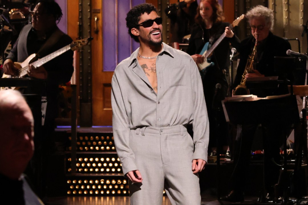 This image released by NBC shows host Bad Bunny during his monologue on "Saturday Night Live" in New York on Saturday, Oct. 4, 2025. (Will Heath/NBC via AP)