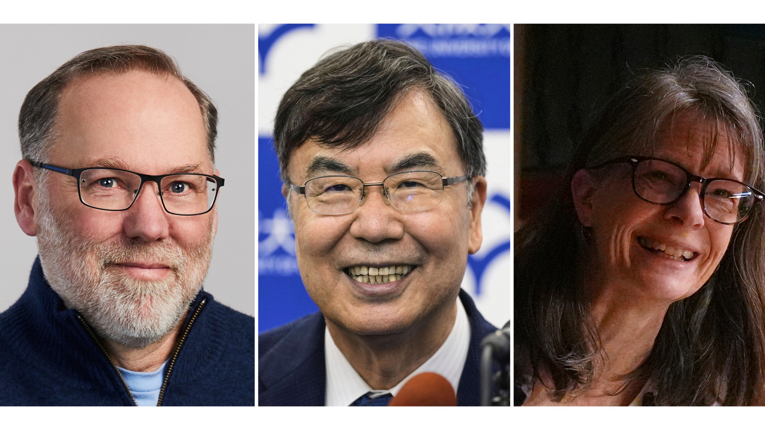 This photo combination shows, from left, Fred Ramsdell in a photo provided by Sonoma Biotherapeutics, Osaka University professor Dr. Shimon Sakaguchi, in Suita, near Osaka, western Japan, Oct. 6, 2025 and Mary E. Brunkow in Seattle, Oct. 6, 2025. (Sonoma Biotherapeutics/Shohei Miyano/Kyodo News, Lindsey Wasson via AP)