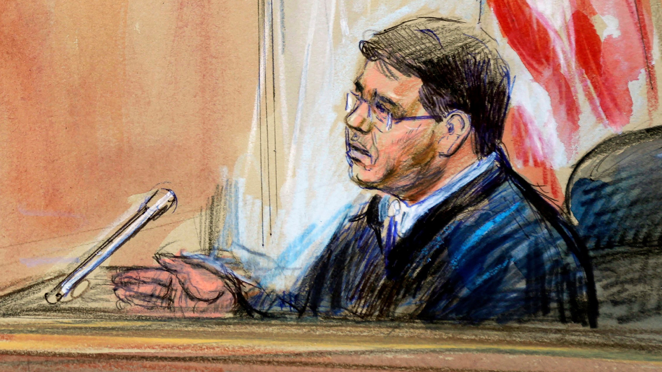 FILE - This courtroom sketch depicts U.S. District Michael Nachmanoff, at federal courthouse in Alexandria, Va., Oct. 10, 2019. (Dana Verkouteren via AP, File)