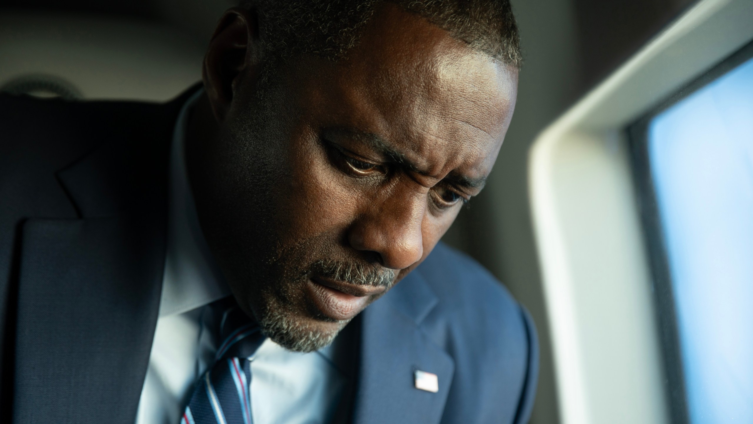 This image released by Netflix shows Idris Elba in a scene from "A House of Dynamite." (Netflix via AP)