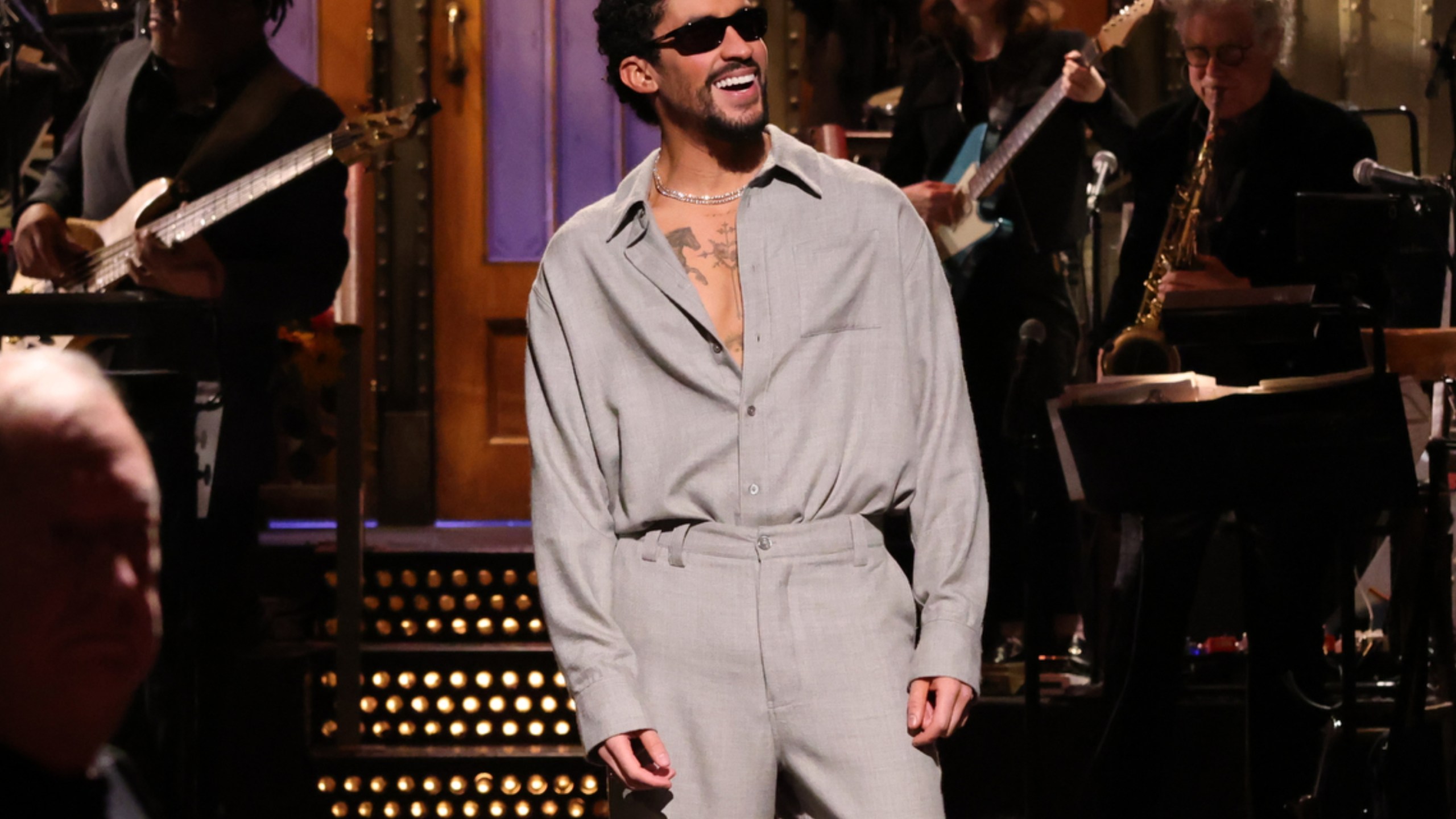 This image released by NBC shows host Bad Bunny during his monologue on "Saturday Night Live" in New York on Saturday, Oct. 4, 2025. (Will Heath/NBC via AP)