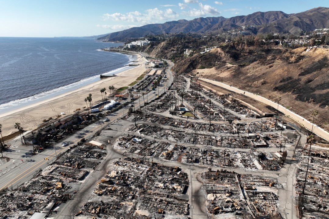 Aerial view of devastation left by the Palisades Fire