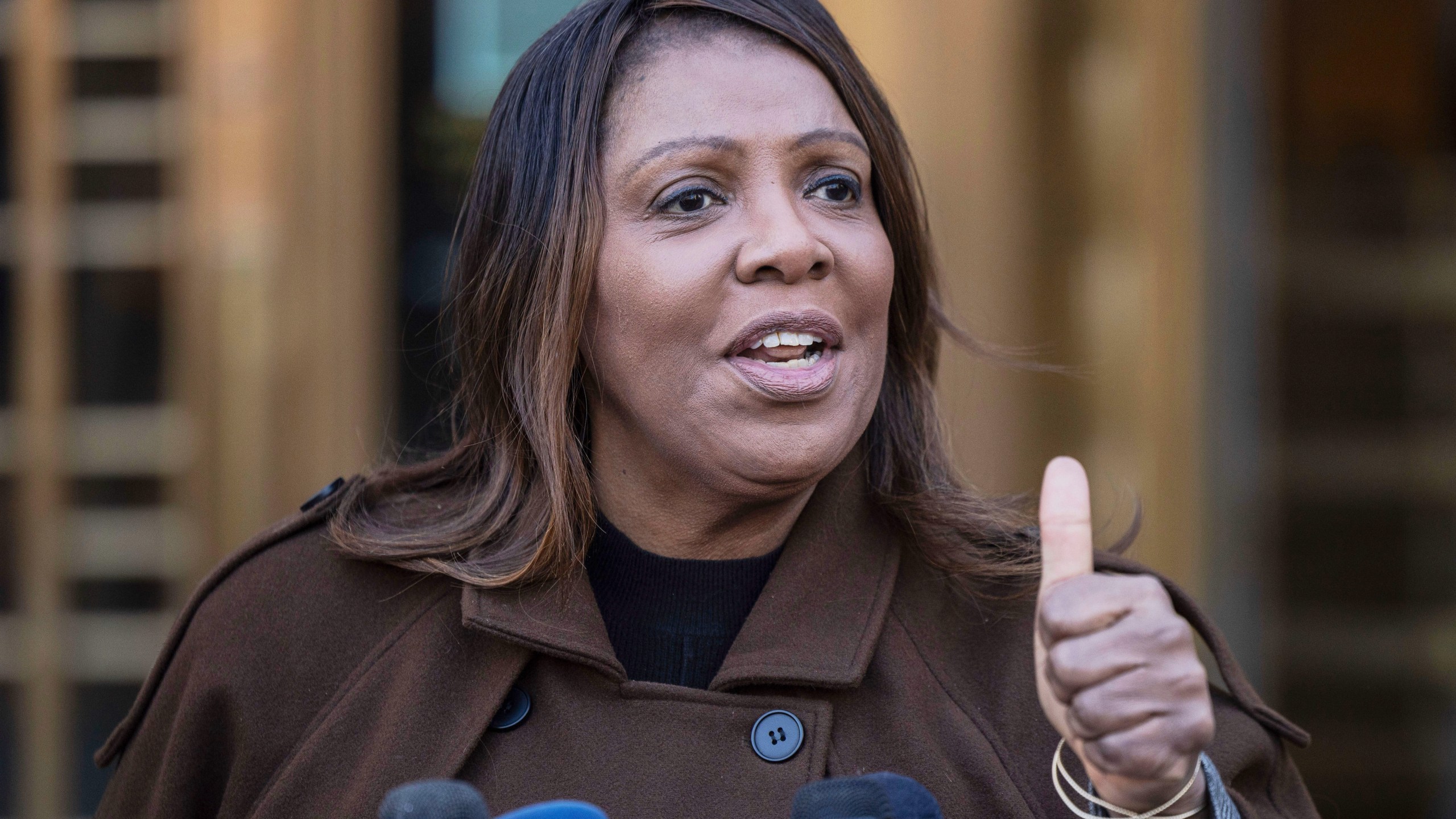 FILE - New York Attorney General Letitia James speaks during a news conference outside Manhattan federal court, Feb. 14, 2025, in New York. (AP Photo/Yuki Iwamura, File)