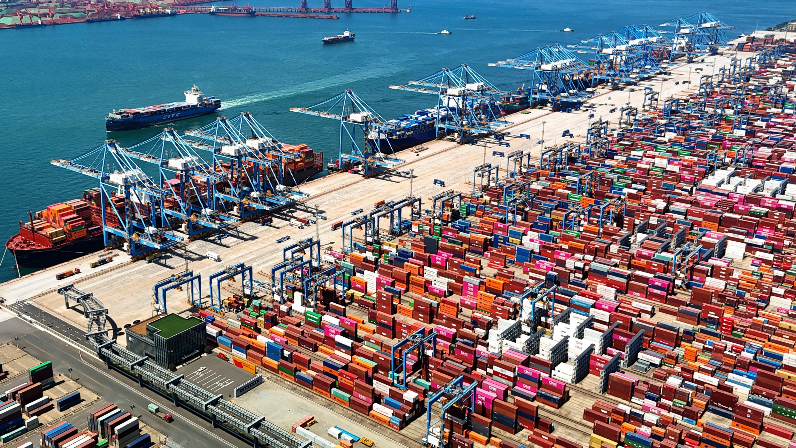 FILE - An aerial view of a container port is seen in Qingdao in east China's Shandong province, on June 6, 2024. (Chinatopix via AP, File)