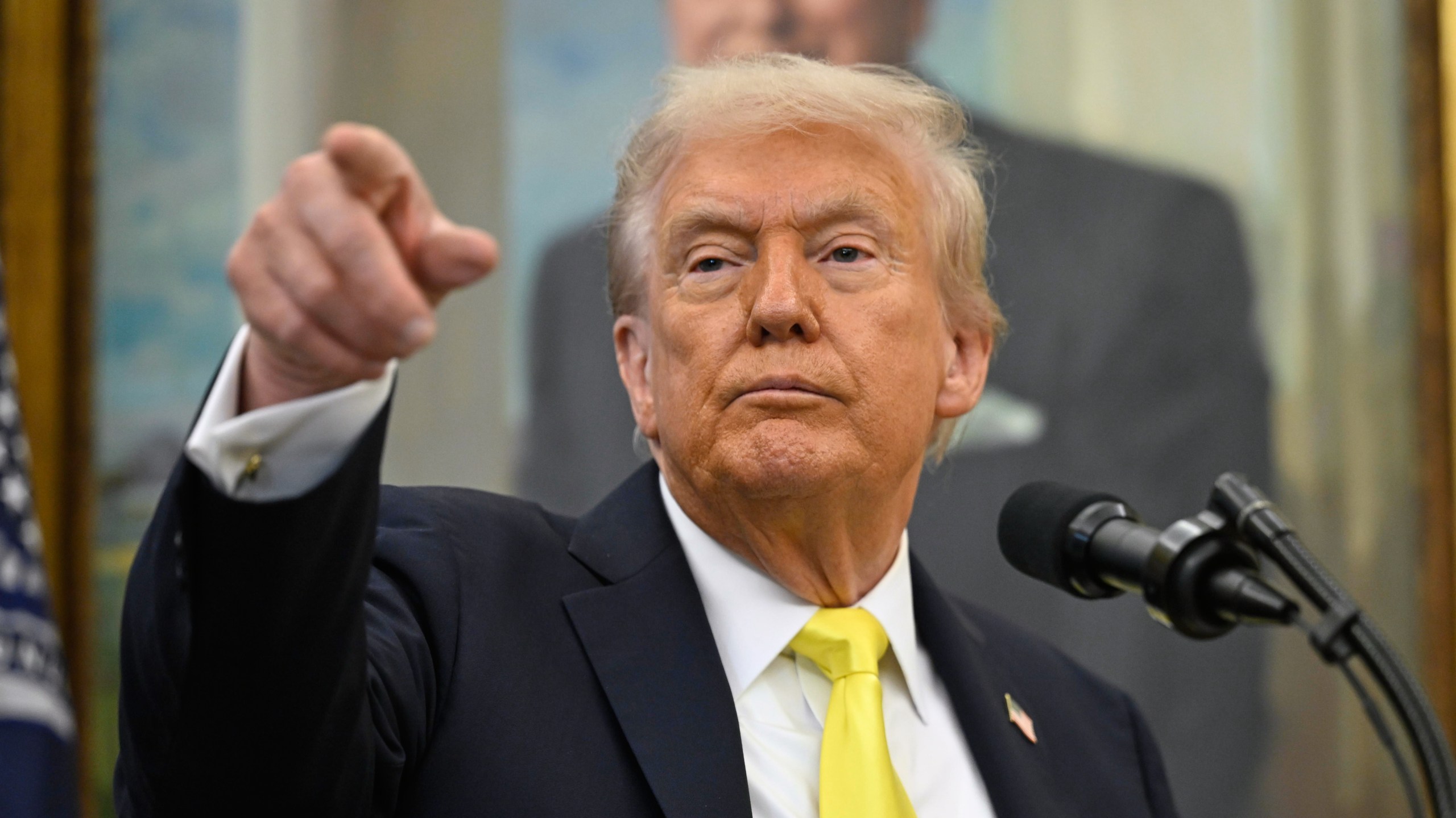 President Donald Trump speaks during an event in the Oval Office at the White House, Wednesday, Oct. 15, 2025, in Washington. (AP Photo/John McDonnell)