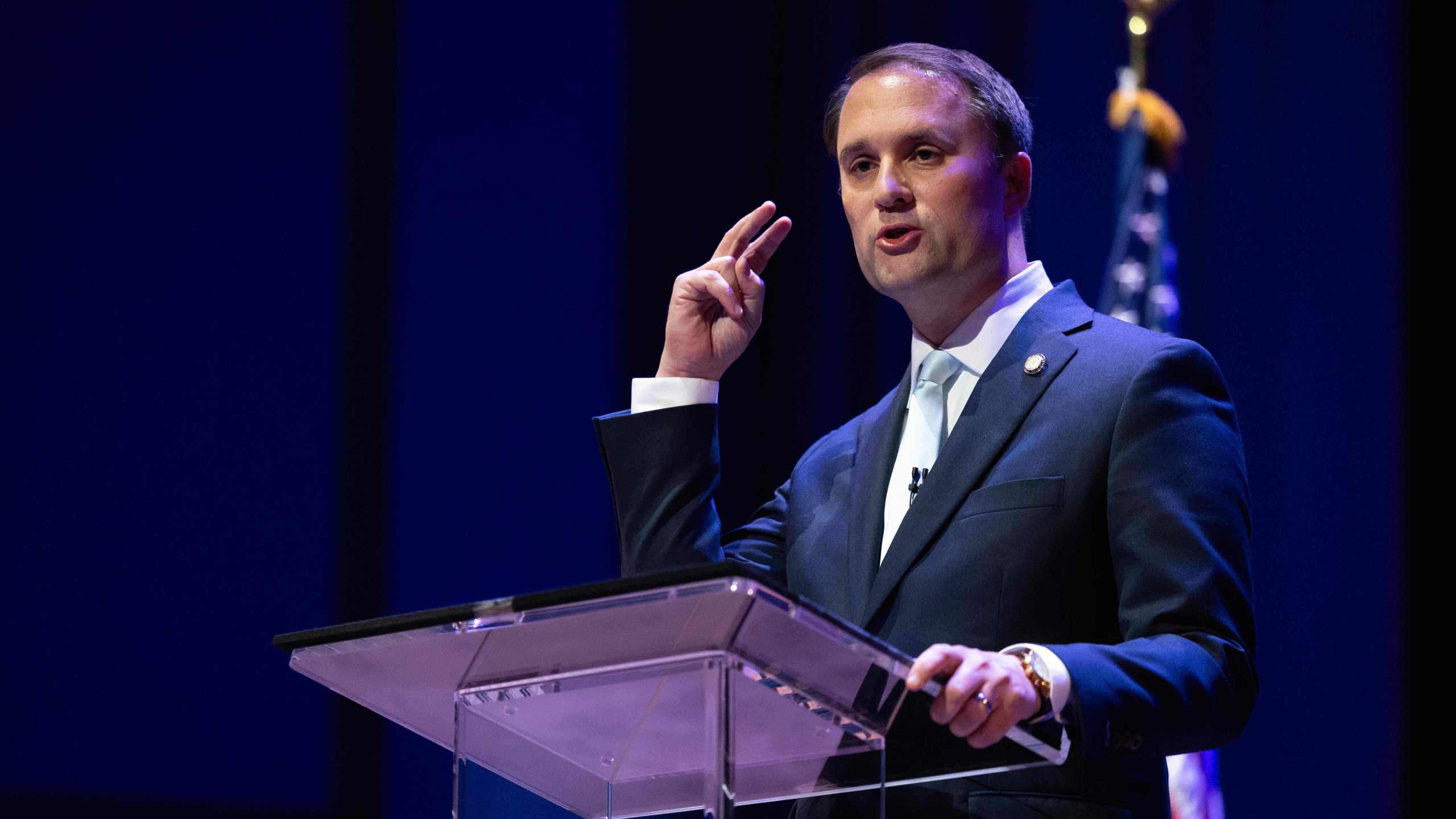 Republican incumbent Jason Miyares participates in the Virginia attorney general debate with Democrat Jay Jones in Richmond, Va., Thursday, Oct. 16, 2025. (Mike Kropf/Richmond Times-Dispatch via AP, Pool)