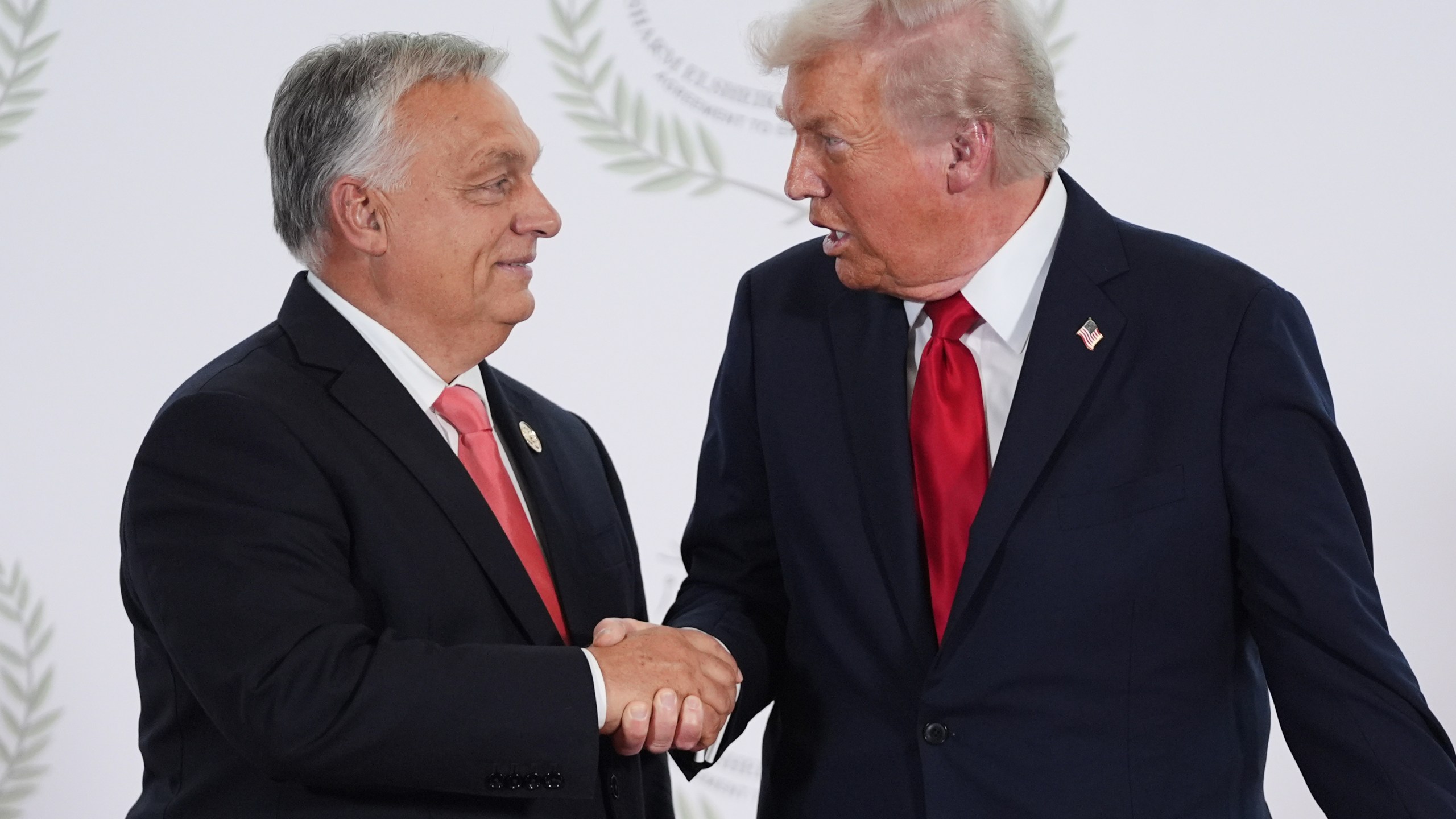 President Donald Trump greets Hungary's Prime Minister Viktor Orban during a summit to support ending the more than two-year Israel-Hamas war in Gaza after a breakthrough ceasefire deal, Monday, Oct. 13, 2025, in Sharm El Sheikh, Egypt. (AP Photo/Evan Vucci, Pool)
