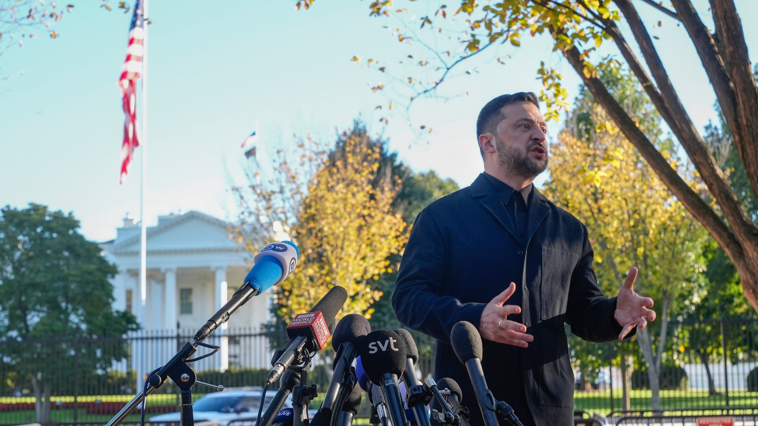 Ukraine's President Volodymyr Zelenskyy speaks to reporters in Lafayette Park across the street from the White House, following a meeting with President Donald Trump, Friday, Oct. 17, 2025, in Washington. (AP Photo/Manuel Balce Ceneta)