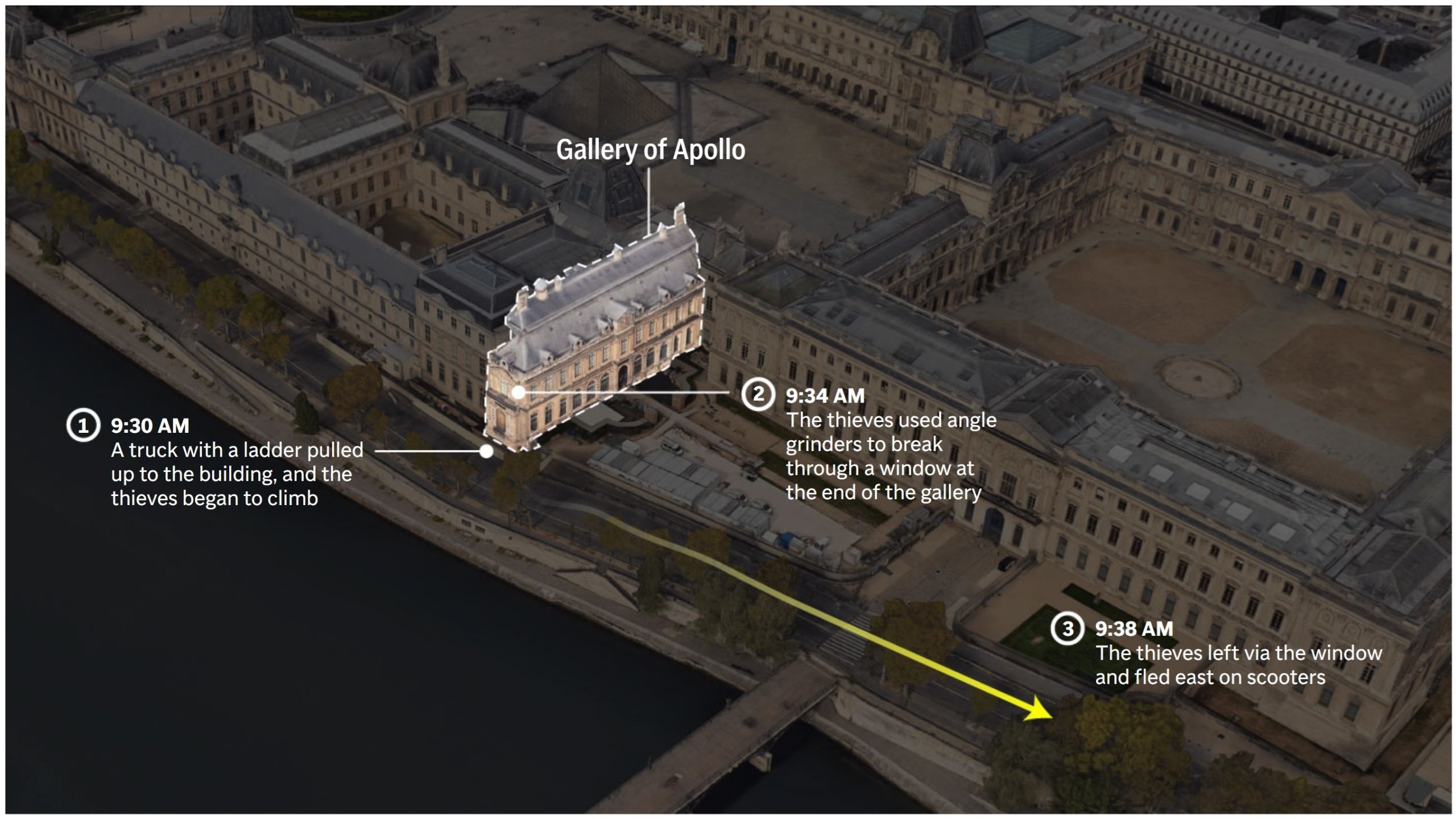 This map shows the route taken by thieves stealing from the Gallery of Apollo in the Louvre. (AP Digital Embed)