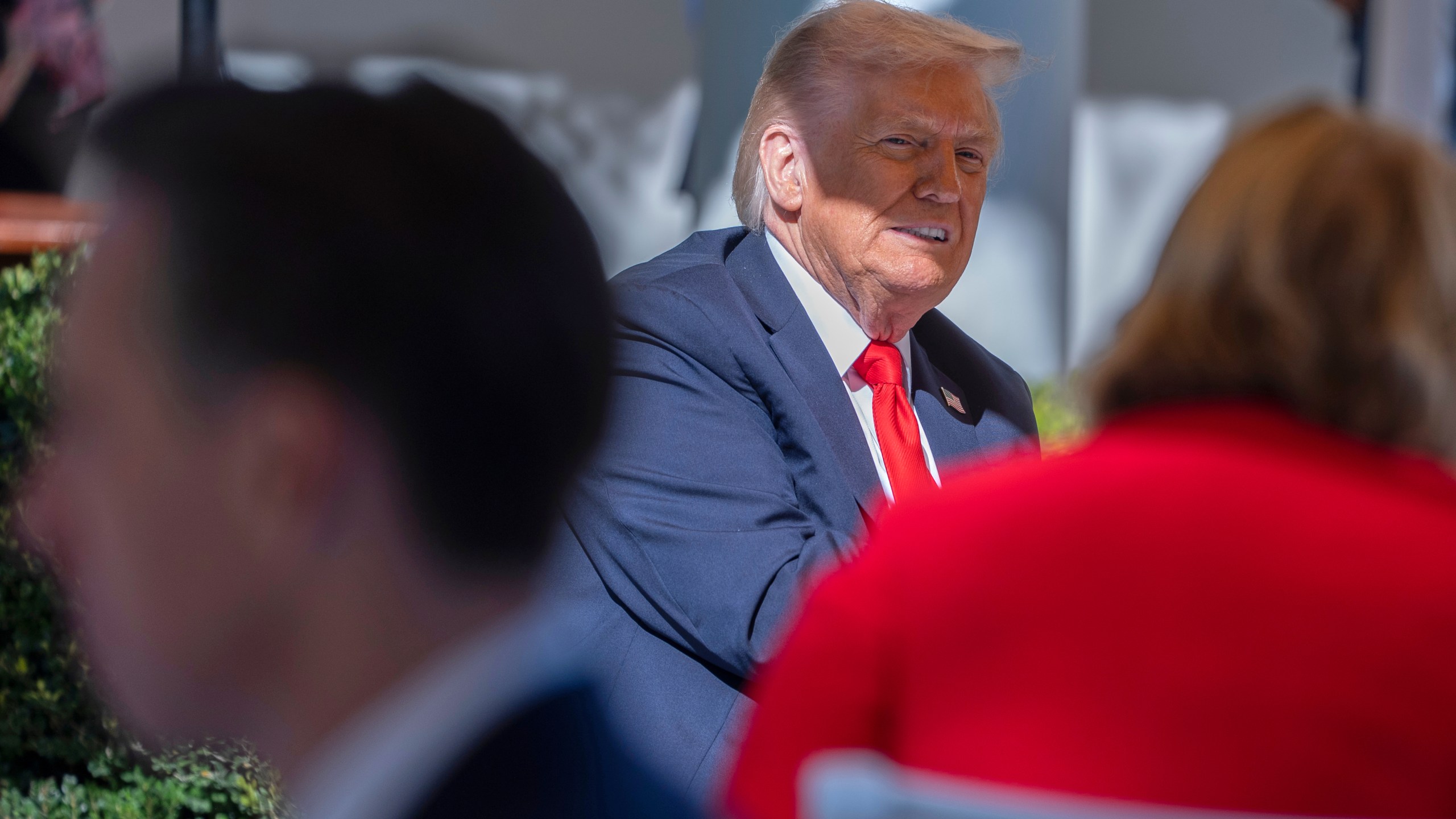 President Donald Trump hosts lunch with Republican Senators on the Rose Garden patio at the White House, Tuesday, Oct. 21, 2025, in Washington. (AP Photo/Manuel Balce Ceneta)