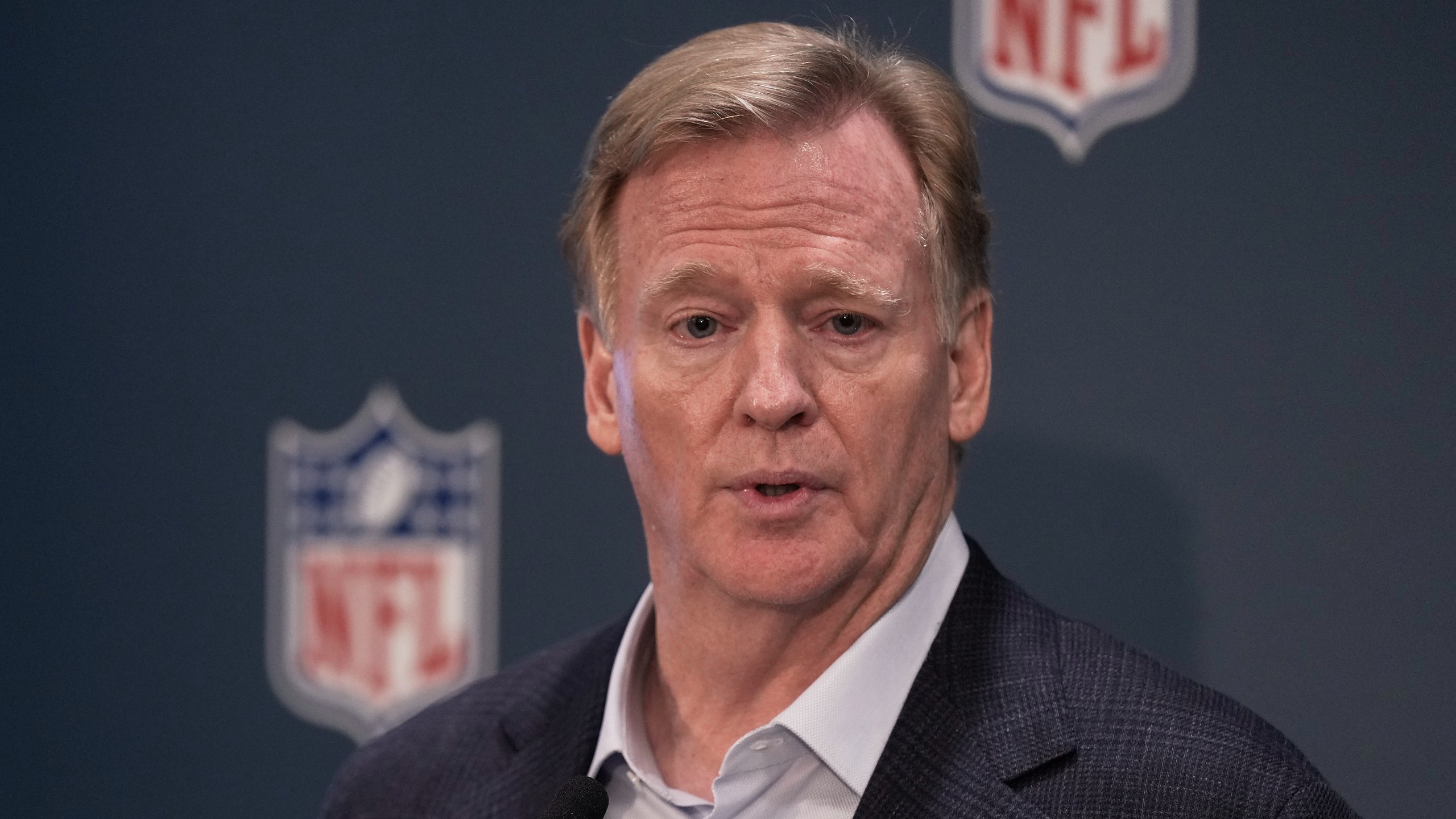NFL commissioner Roger Goodell speaks at a news conference at the NFL owners meetings, Wednesday, Oct. 22, 2025, in New York. (AP Photo/Richard Drew)