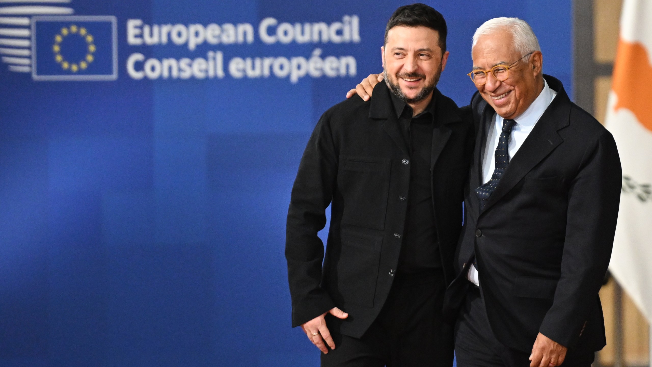 Ukraine's President Volodymyr Zelenskyy, left, and European Council President Antonio Costa arrive for an EU Summit at the European Council building in Brussels, Thursday, Oct. 23, 2025. (AP Photo/Harry Nakos)