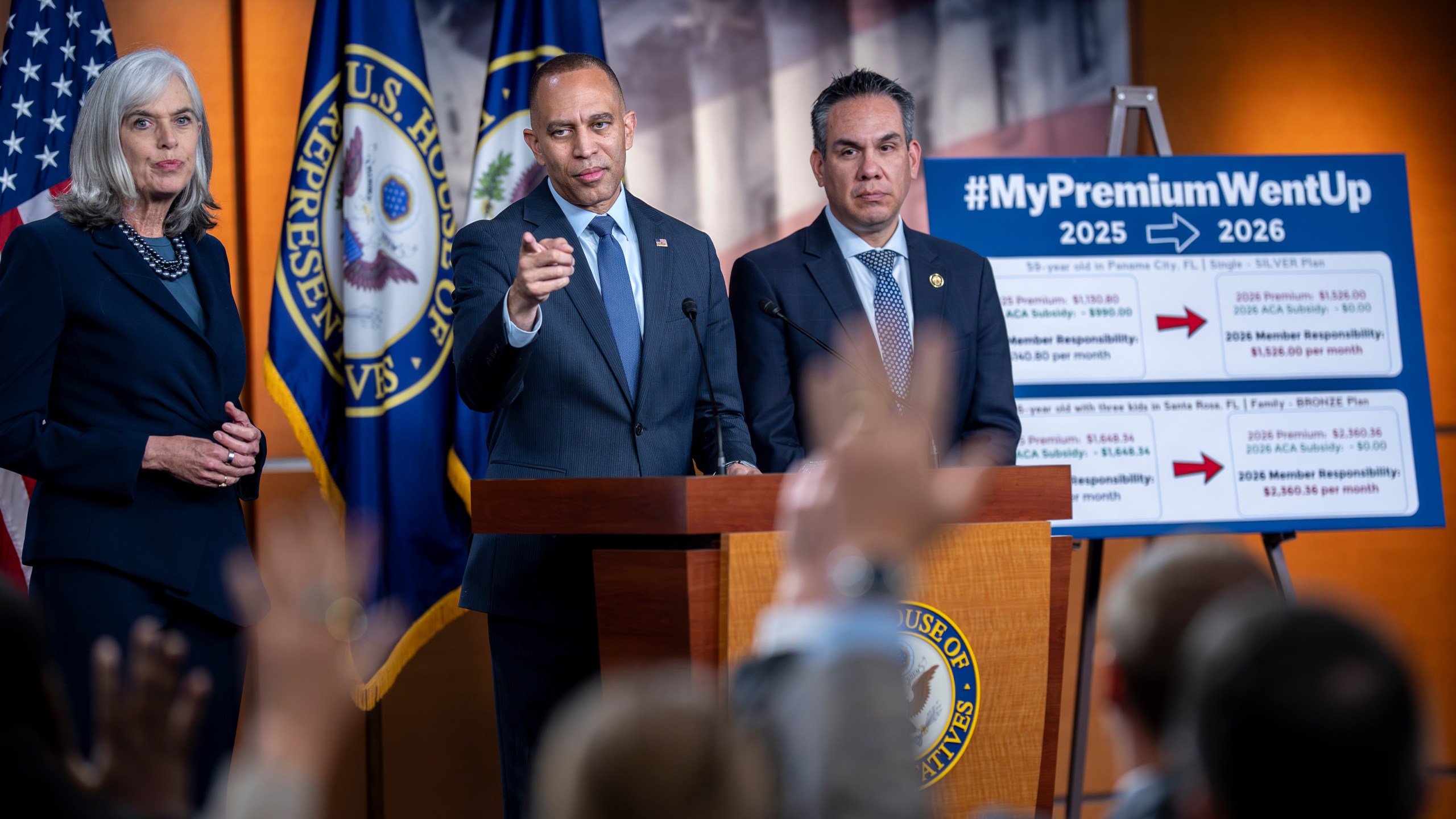 From left, Rep. Katherine Clark, D-Mass., the House minority whip, House Minority Leader Hakeem Jeffries, D-N.Y., and Rep. Pete Aguilar, D-Calif., chair of the Democratic Caucus, speak during a news conference on day 22 of the government shutdown to discuss how the crisis could impact health care, at the Capitol in Washington, Wednesday, Oct. 22, 2025. (AP Photo/J. Scott Applewhite)