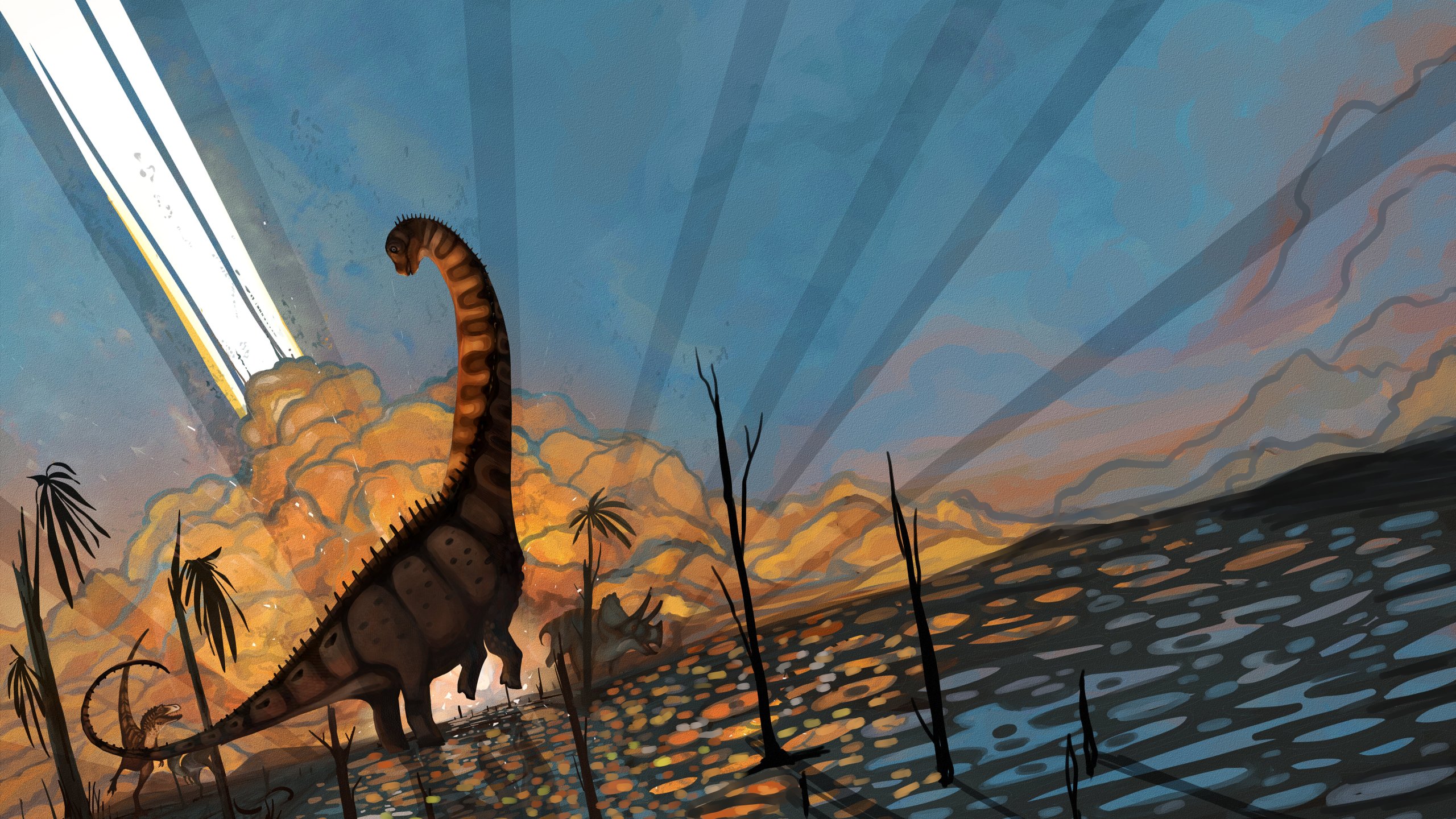 This illustration provided by researchers in October 2025 depicts an Alamosaurus sanjuanensis in southern North America as an asteroid hits the Earth 66 million years ago, causing mass extinction. (Natalia Jagielska/New Mexico State University via AP)